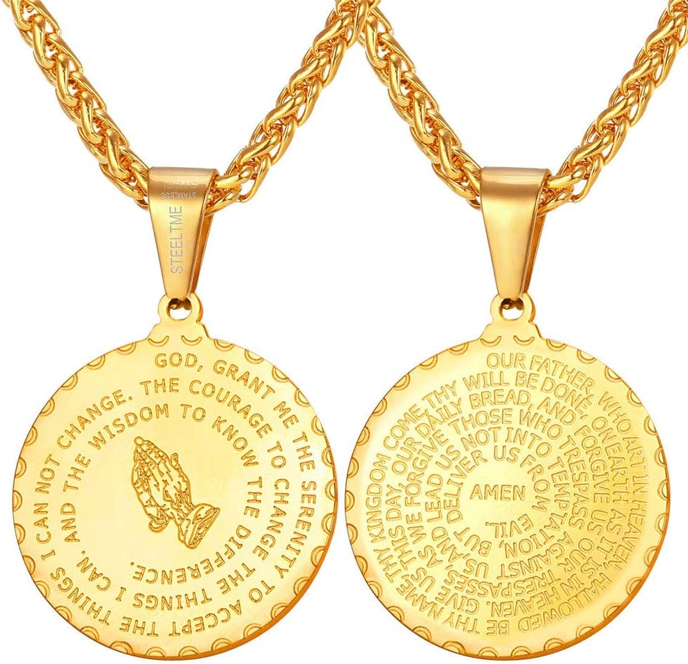 Bible Verse Necklaces for Men Women Stainless Steel/18K Gold Plated Prayer Hands Coin Medal Pendant Necklace Christan Jewlery Gift (22-26Inch)