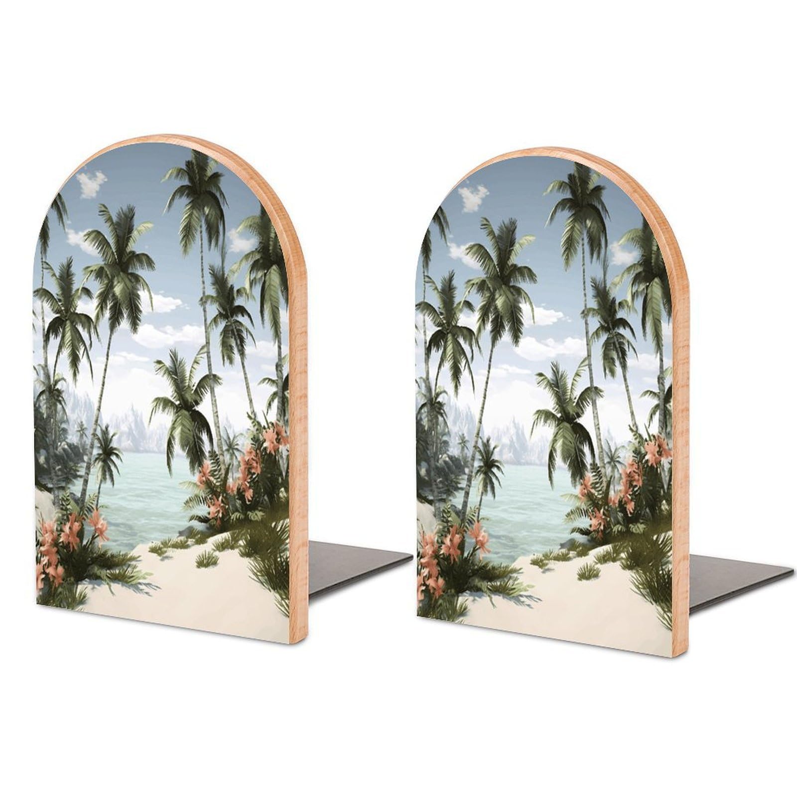Tropical Palm Trees Bookend Wood Book End for Shelves Heavy Duty Non-Slip Wooden Bookend Support Universal Economy Bookends Fancy Modern Decorative Book Accessories 1 Pairs