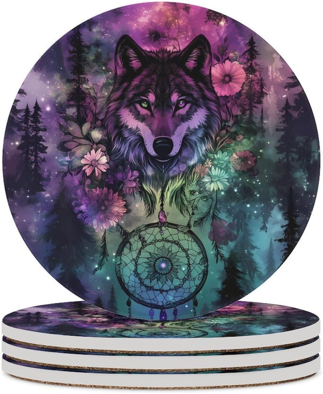 Wolf Dreamcatcher1 Funny Round Ceramic Coasters for Drink Absorbent Cup Holders Tabletop Protection