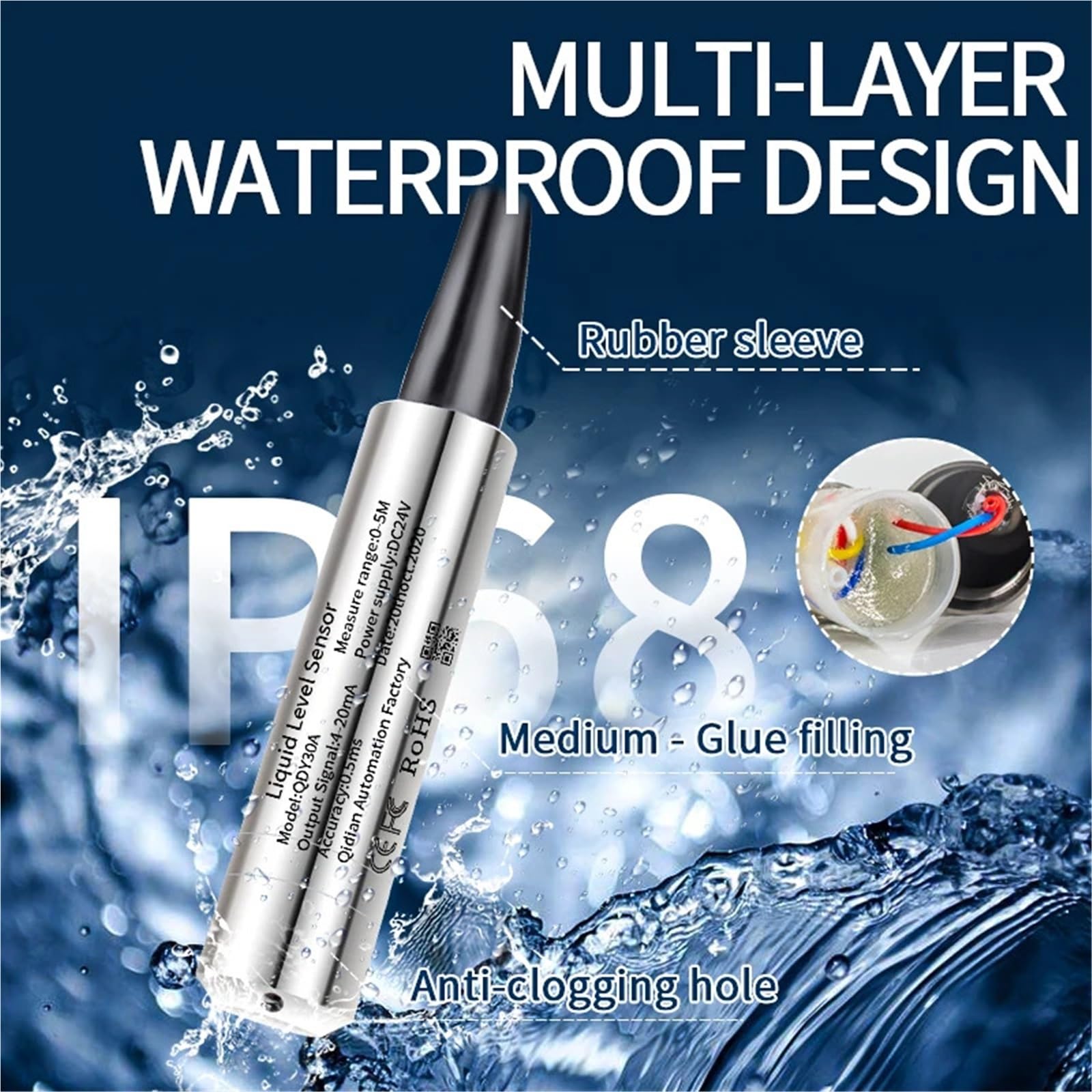 Tauchwasserstandsensor 4 20ma 0-10V 0-5V Flüssigwasserstandsender 0-10m Wasserflüssigkeitsstandsensor Wandler 1St(1M Rnage 2M Cable,4-20mA Output)