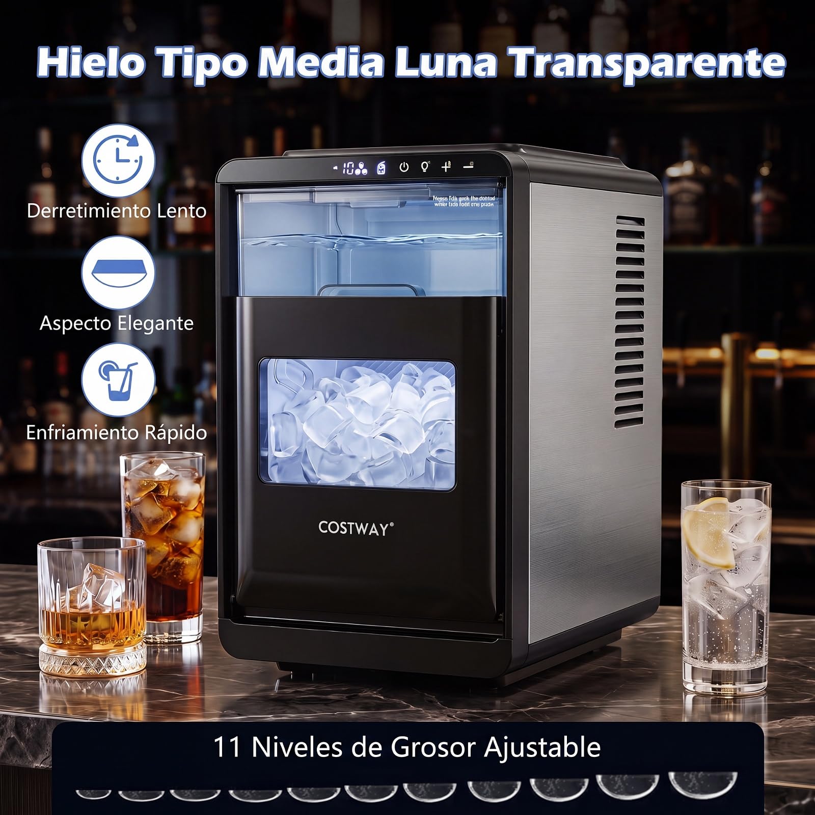 COSTWAY Máquina de Hielo de Sobremesa, 12 kg/Día, 16 Cubitos en 15 Minutos | Maquina de Hacer Hielo con Grosor Ajustable,Autolimpieza,Panel de Control, Pala y Cesta, Casa/Cocina/Oficina/Bar