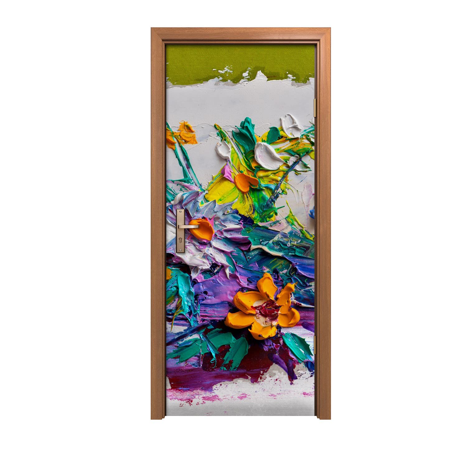 Autocollant de porte moderne motif peinture de fleurs pour murale design 90x200