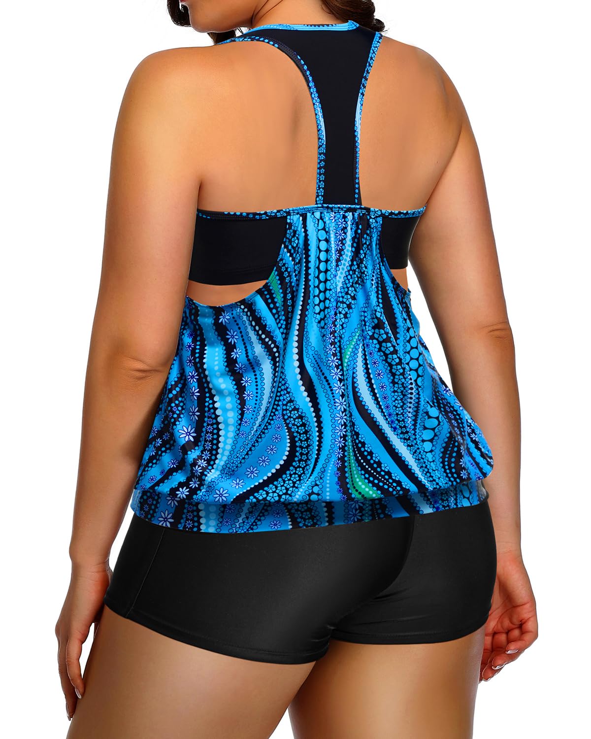 Holipick Tankini in Übergröße für Damen, zweiteilig, Bauchkontrolle, Blouson Racerback Tankini Top mit Shorts | Blouson Racerback Tankini Top mit Shorts, Double Up Design, herausnehmbares Pad