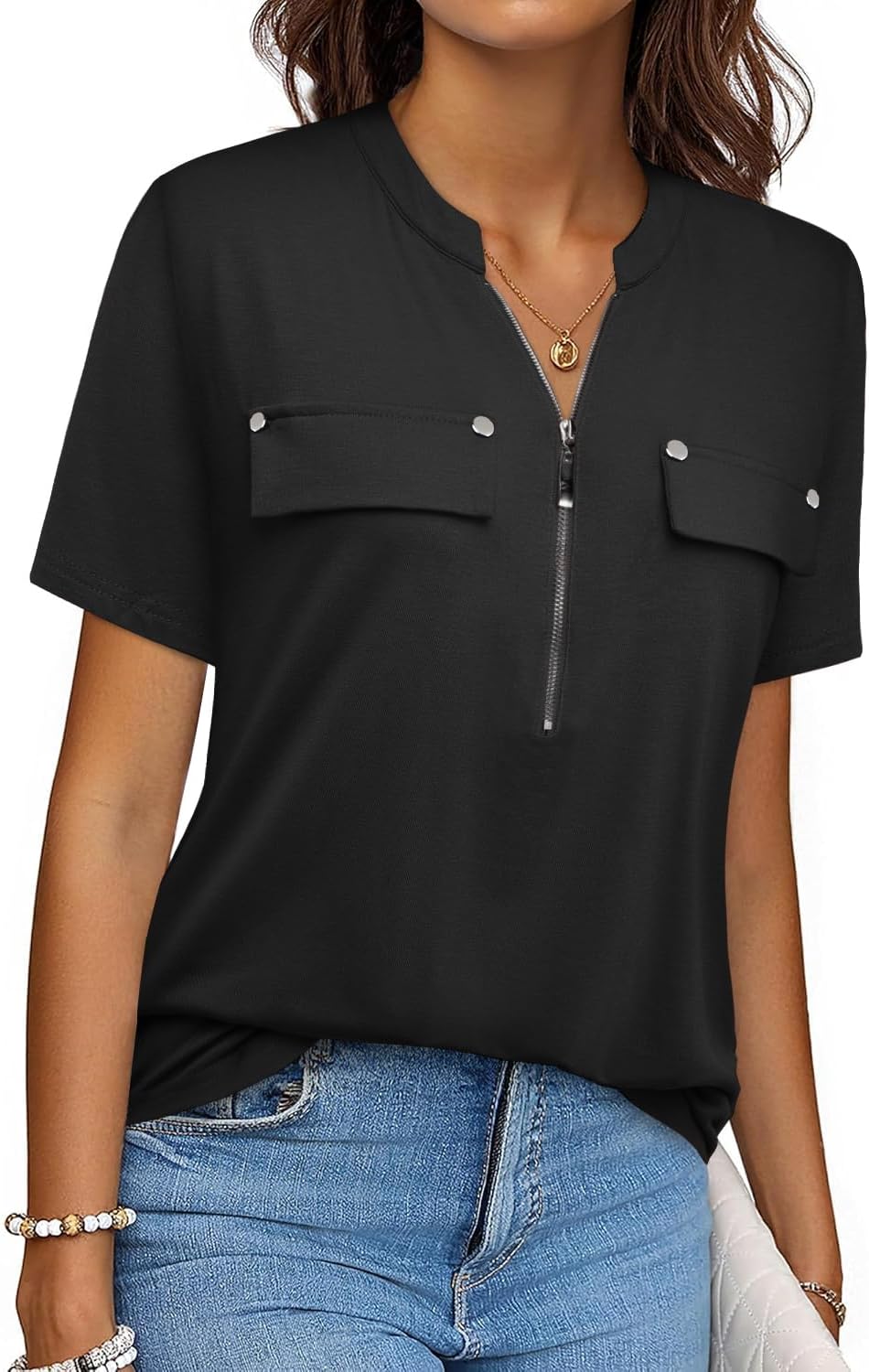 Bulotus Women’s V-Neck Short Sleeve Zip Blouse – Solid & Plaid Bulotus Women’s V-Neck Short Sleeve Zip Blouse – Solid & Plaid