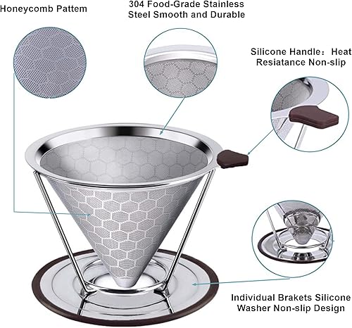 Miniatura 5 de Vierta sobre el gotero de café, filtro de café de acero inoxidable, reutilizable, para verter sobre el café, cono de filtro de doble capa, embudo