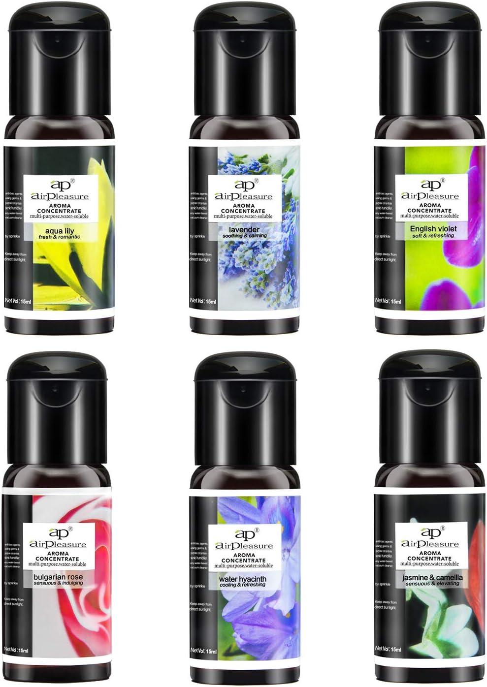 Blossom Essential Oils Set, 6x15ml Aromatherapy Oil Kit for Diffuser, Humidifier, Air Purifier- Aqua Lily, Water Hyacinth, Jasmine & Camellia, English Violet, Bulgarian Rose, Lavender