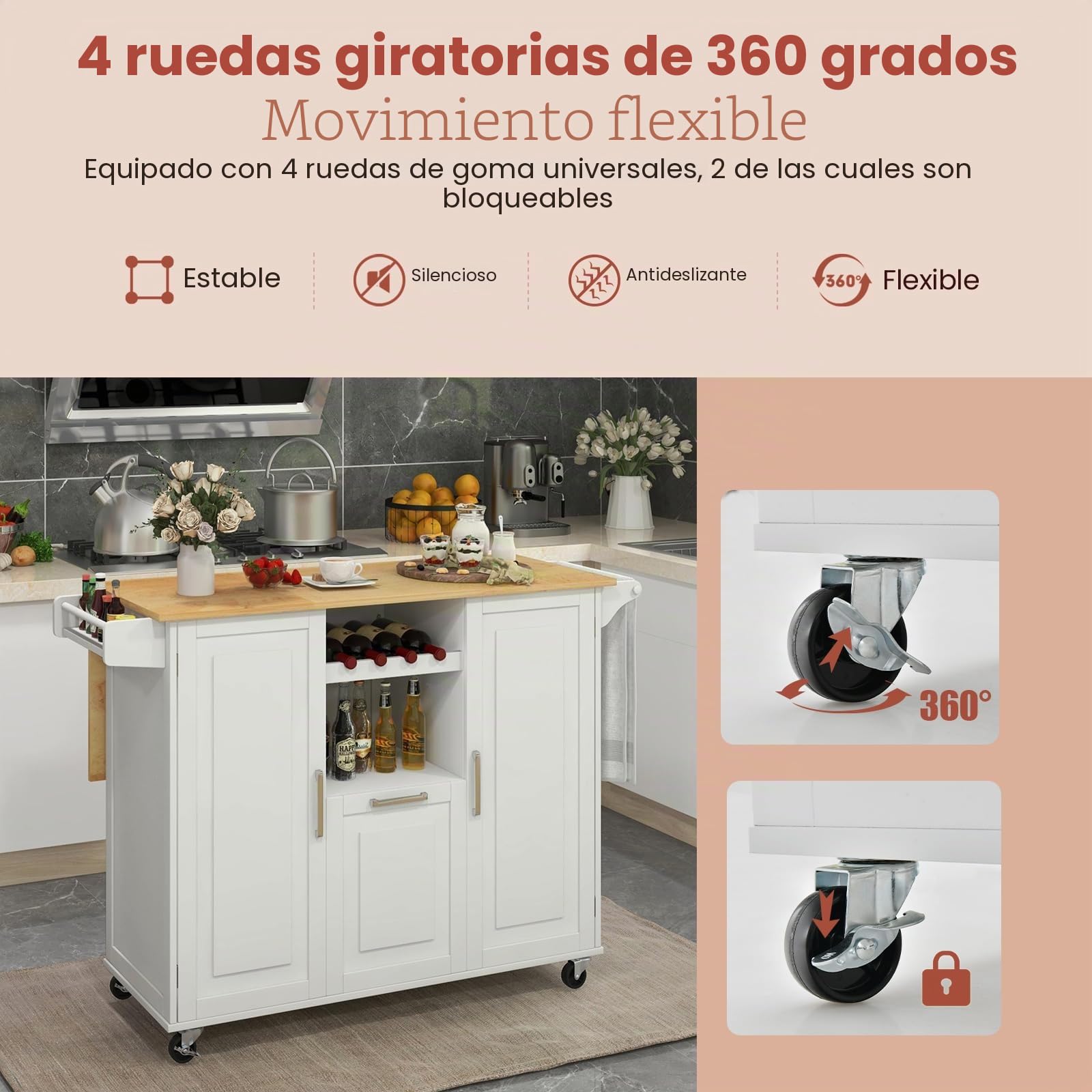 KOMFOTTEU Carro de Cocina con Ruedas, Isla de Cocina con Encimera de Madera Abatible, Carrito Auxiliar con Cajón, Portabotellas, 2 Armario de Puerta y Toallero, 130 x 45 x 90 cm (Blanco)