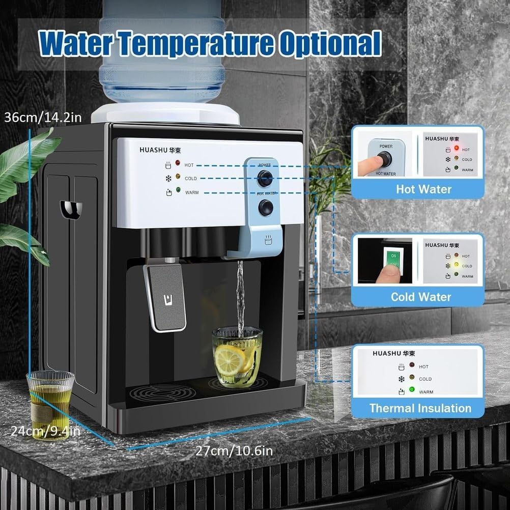 Wasserspender mit Toplader (25 x 24 x 36 cm), 3 Temperaturstufen (Heiß/Kalt/Zimmertemperatur), Kalt: 8–12 °C, Heiß: 80 °C, für Zuhause, Büro, Speisekammer, Studentenwohnheim,Metallic