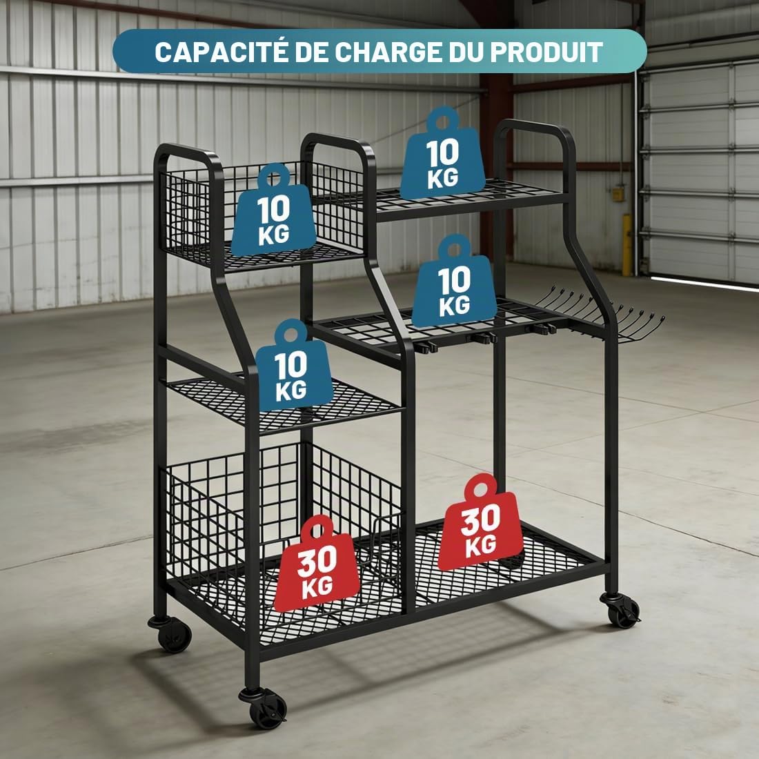 Rangement d'outils de jardin à roulettes 3 niveaux garage robuste noir max