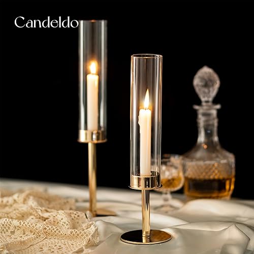 Miniatura 7 de Candelabro dorado de huracán candelabros cónicos para mesa de cristal de boda, centro de mesa para mesas de comedor, juego de 3 candelabros altos