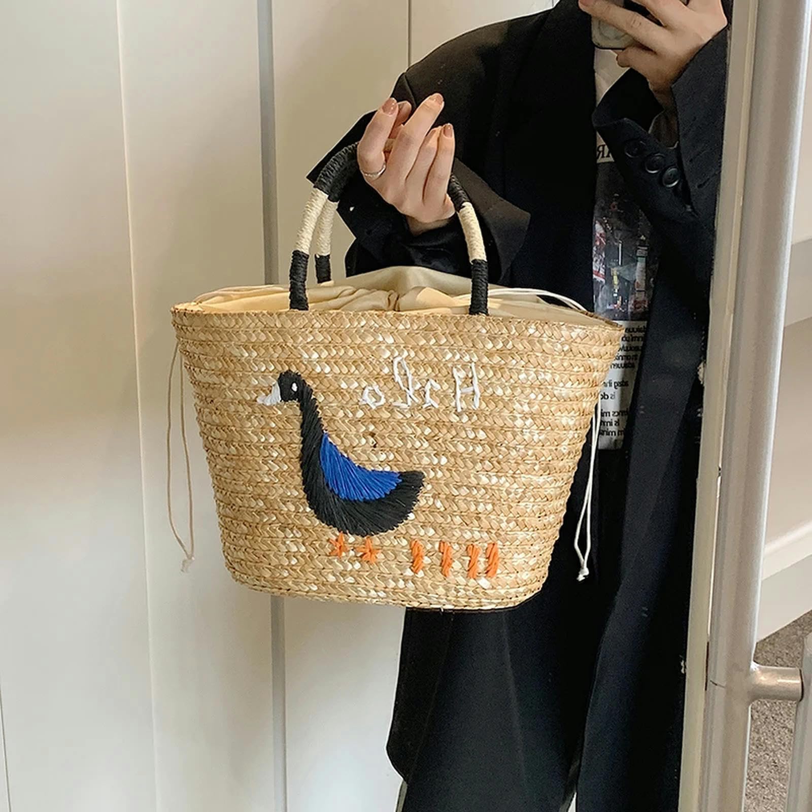 Borsa Paglia Estate Straw Bag Donne Grande capacità Maniglia Borsa A Spalla Handmade Tessuto Borsa Vacanza-Khaki