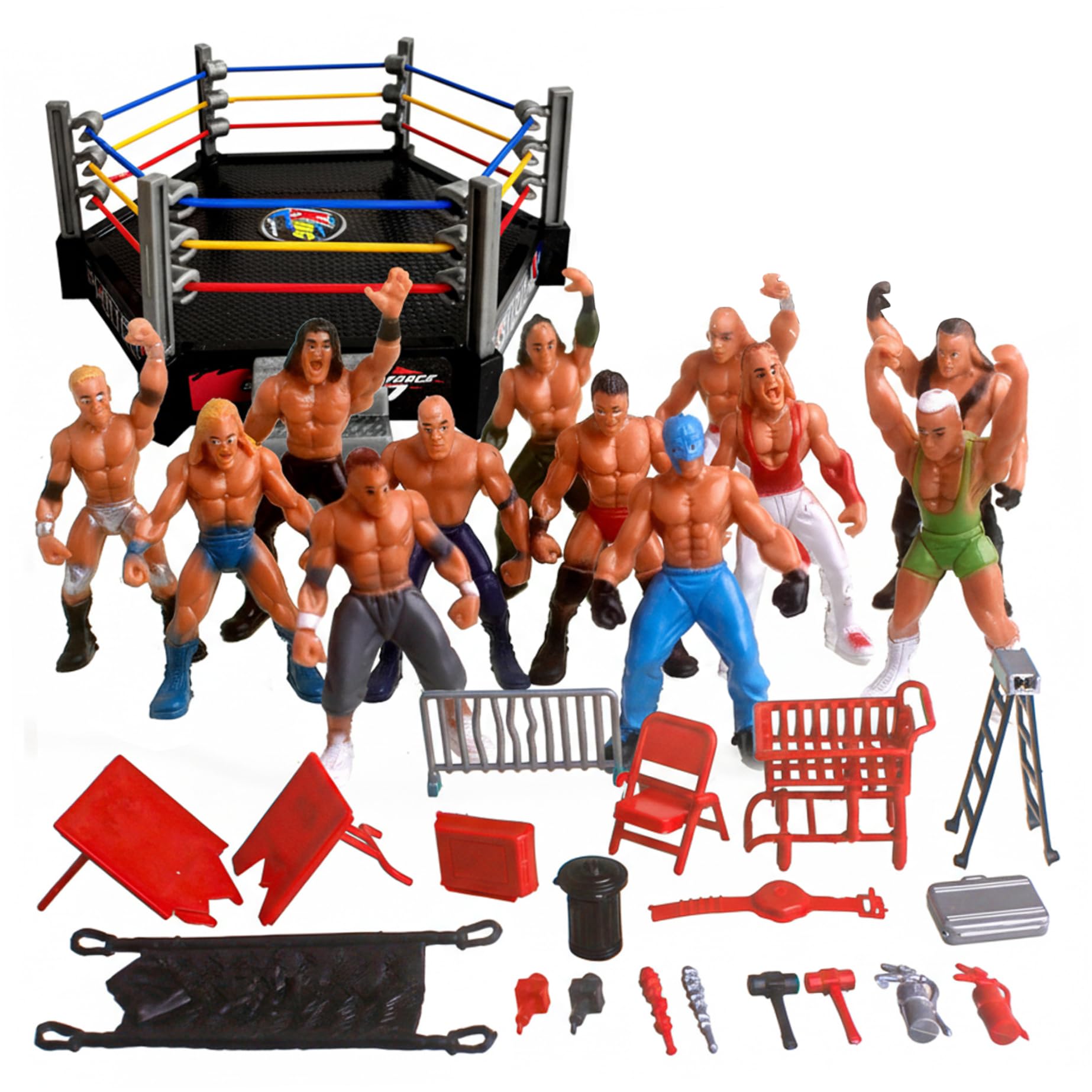 Uanqfegy Dynamic Wrestling Ring Playset with Spring-Loaded Mat, Wrestling Ring Toy with Flexible Ropes for Action Figures Kids Collectors, Hexagonal