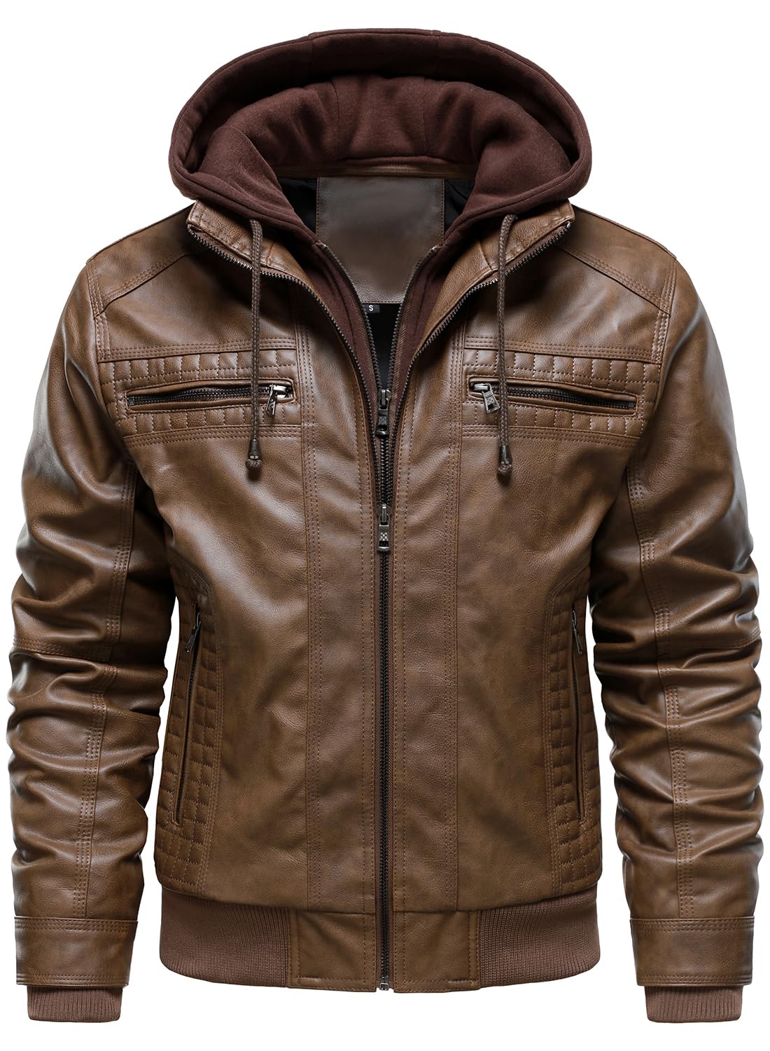 HOOD CREW Herren Kunstlederjacke mit Kapuze Lässige Motorrad Bomberjacke Winddichte Lederjacke