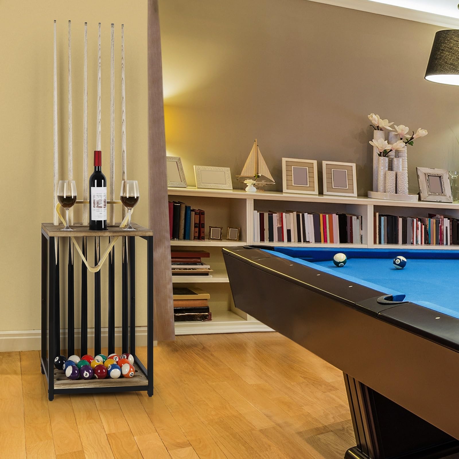 Support de queue de billard en bois pour salle de billard, salle de jeux, club, table de billard, 6 queues, support au sol, marron clair