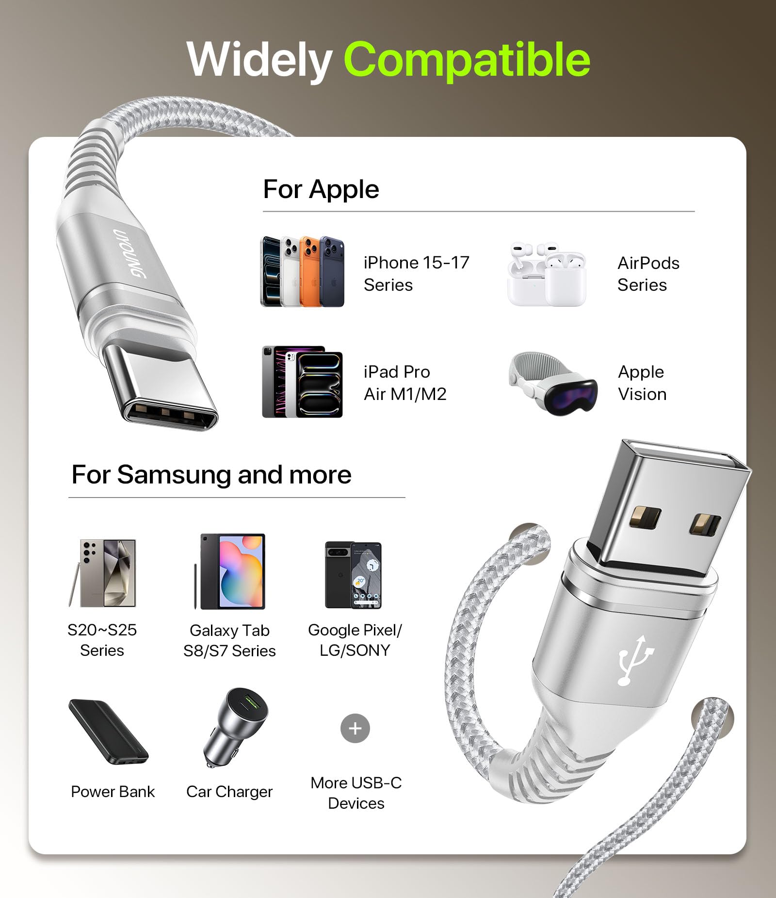 Cavo USB C a C da 1,8 m, 240 W, cavo USB C a USB C per ricarica rapida, cavo USB C per iPhone 17/16/15, Samsung S26 S25 S23, laptop, MacBook Pro/Air-Silver