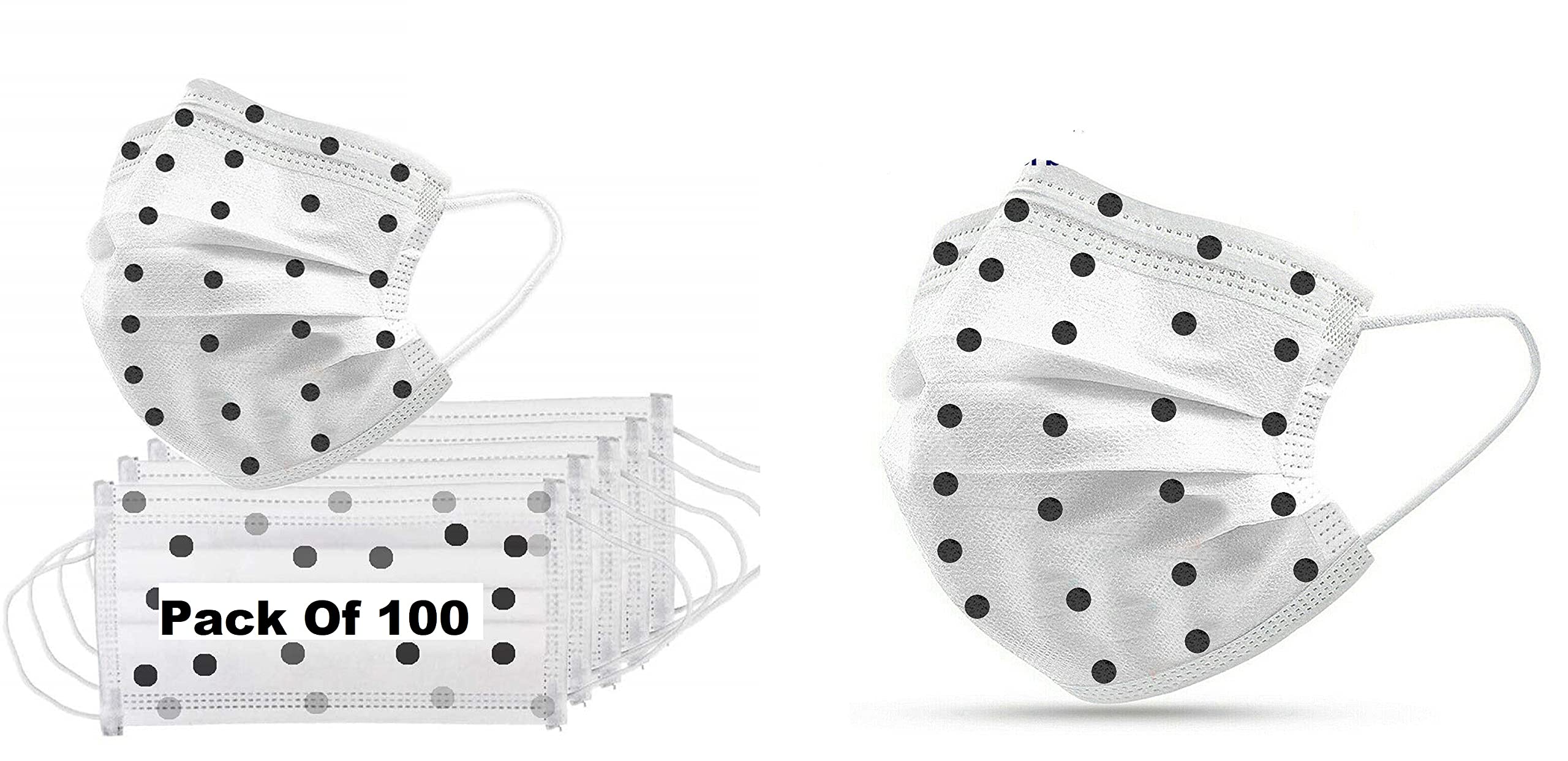 Dot Printed Masks for Women Surgical 3 Layer Masks with Nose Clip White Disposable Pack of 100 Pieces Pcs Pin 3 Ply Face Masks Comfortable Earloop 3 Layers Use and Throw Face Masks 3Ply