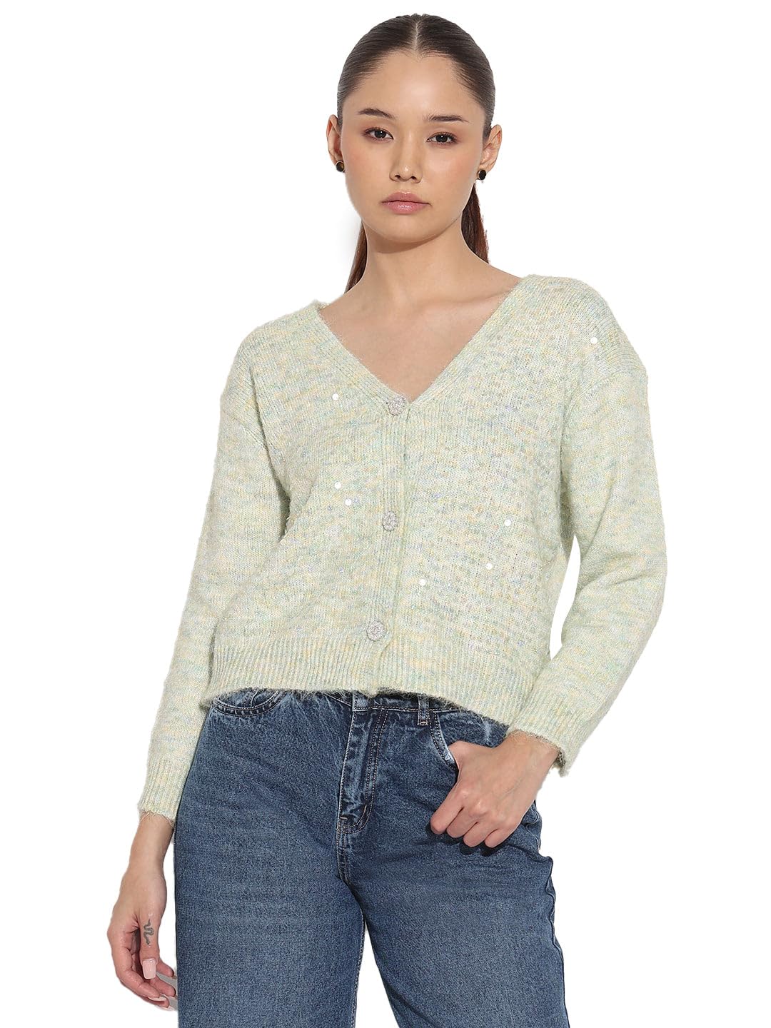 Edition Women's Embellished Sea Green V-Neck Cardigan-CHN-1099_Seagreen-P-image-26