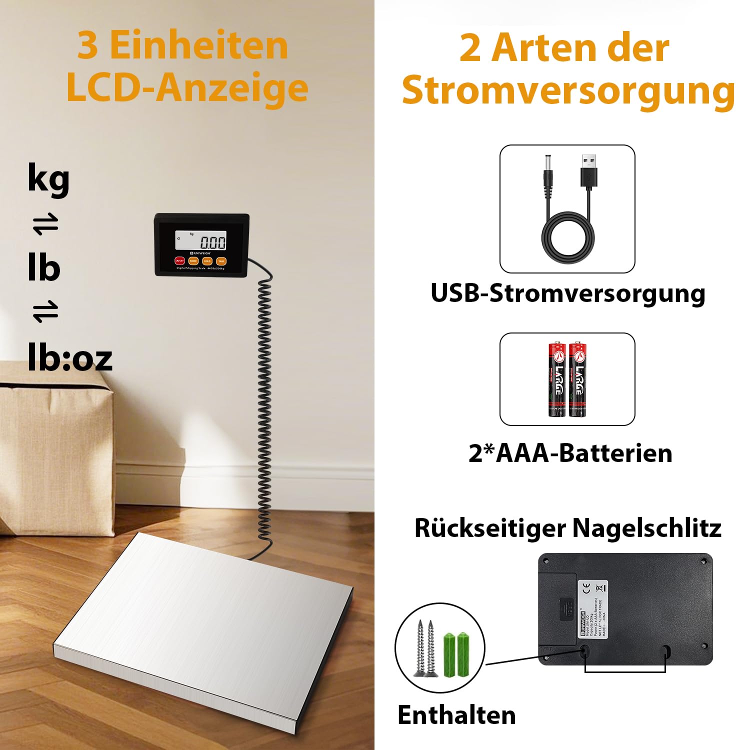 UNIWEIGH Paketwaage,440lb x 10g Hochpräzise Digitale Postwaage,Edelstahl Plattformwaage,Schwerlastwaage mit LCD/Hold/Tara/Funktion,Paketversandwaage für Pakete/Lager/Gepäck,Inklusive Batterie&USB