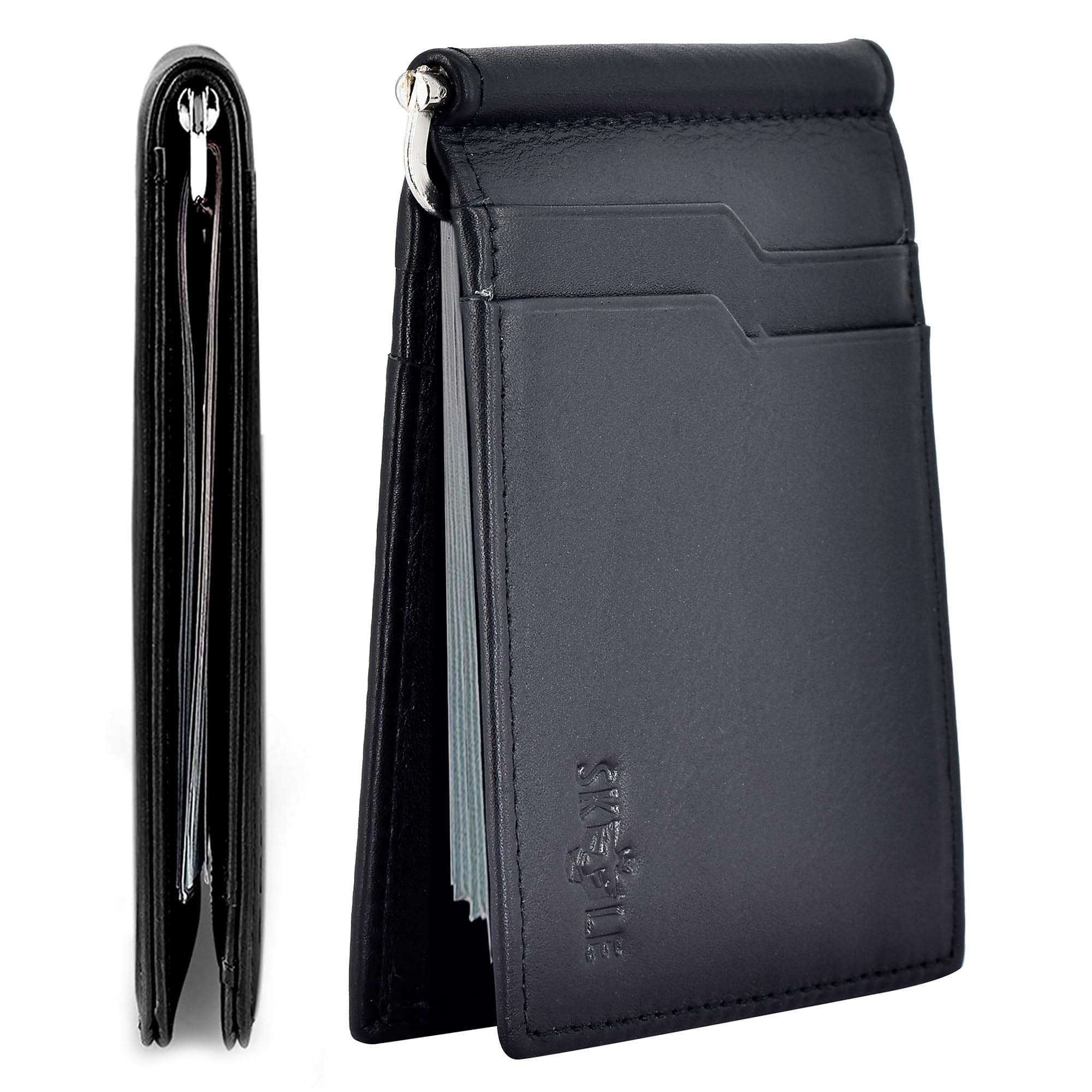 SKYLE Genuine Leather Money Clip Wallets for Men (Black), RFID Protected Mens Wallet Slim, 10 Card Holder Slots, Quick Access Compartment, Strong Durable Metal Clip Front Pocket Wallet