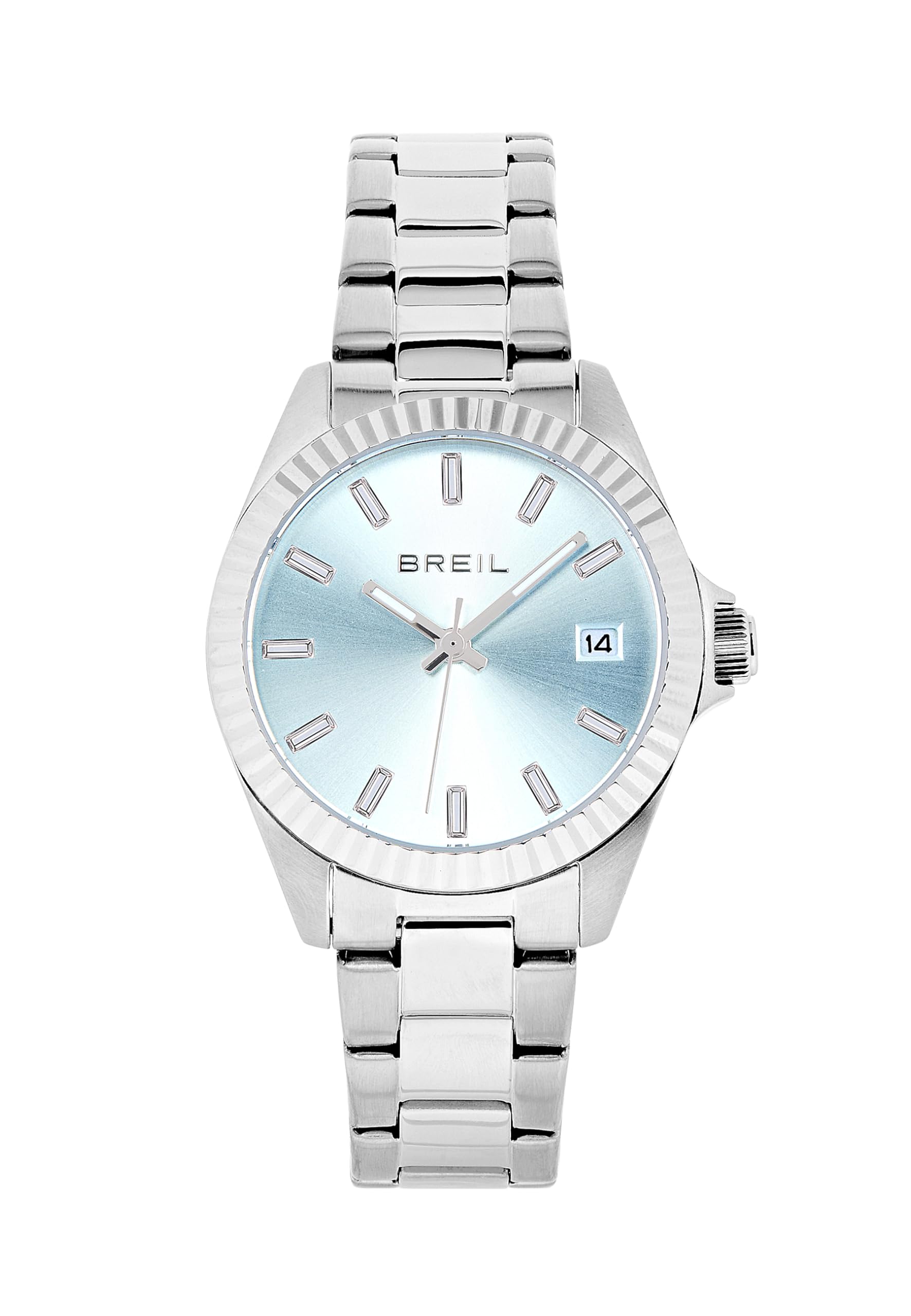 Breil, Collezione Théa, Orologio Donna Solo Tempo in Acciaio Lucido, Quadrante con Effetto Sunray, Indici con Cristalli, Bracciale a Tre Maglie, Chiusura Pieghevole Satinata, WR 3 ATM, Cassa 32 mm