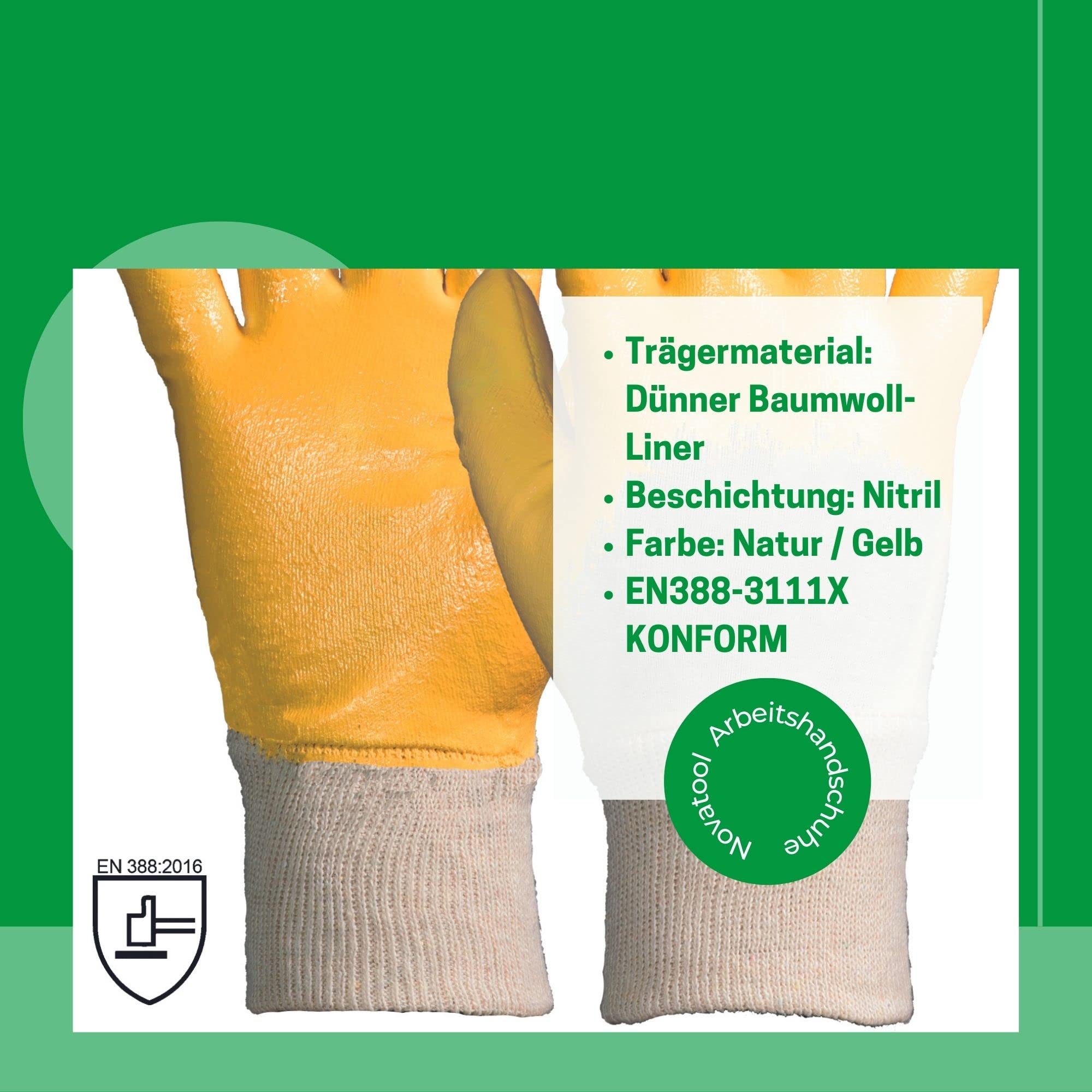Novatool 144 pares de guantes de trabajo de color amarillo, talla 0e 9, nitrilo, repelentes al aceite, EN388:2016 3111X, guantes de jardinería para mujer, guantes de protección, guantes de trabajo,