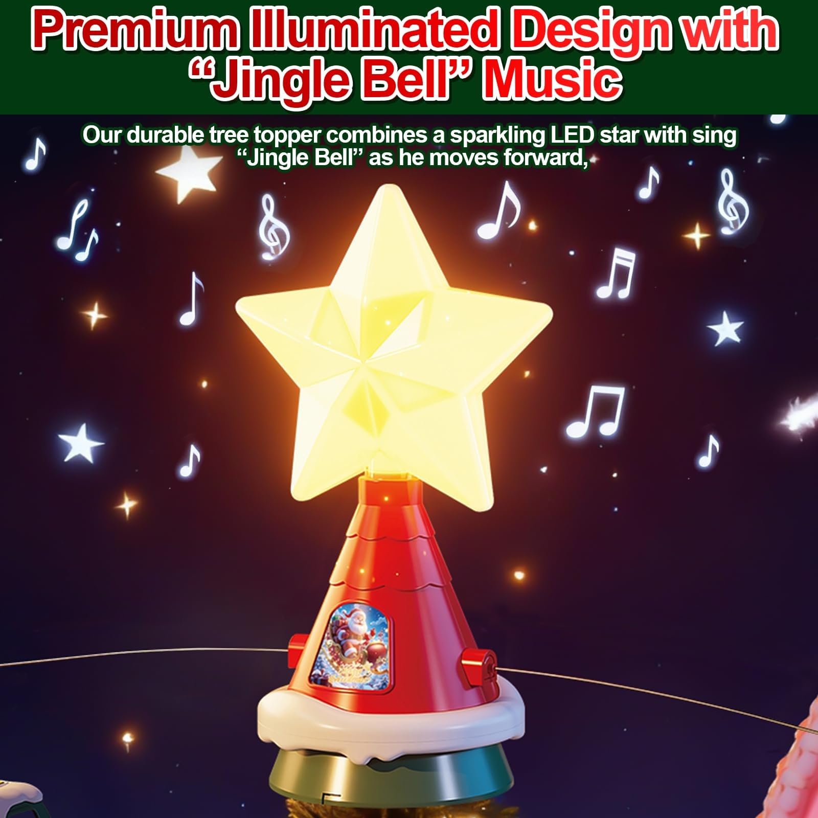 Juguete de Papá Noel dinámico participativo para árboles con ciervos cantando reubicación, ferrocarril, iluminación blanca cálida, acción USB, propulsado por USB, decoración dinámica de Papá
