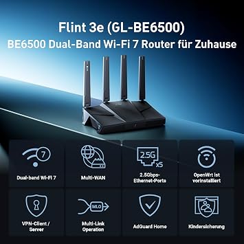 GL.iNet GL-BE6500 (Flint 3e) WiFi 7 Router - High Speed WiFi Router with VPN Strong Performance & Long Range for Home Office and Gaming