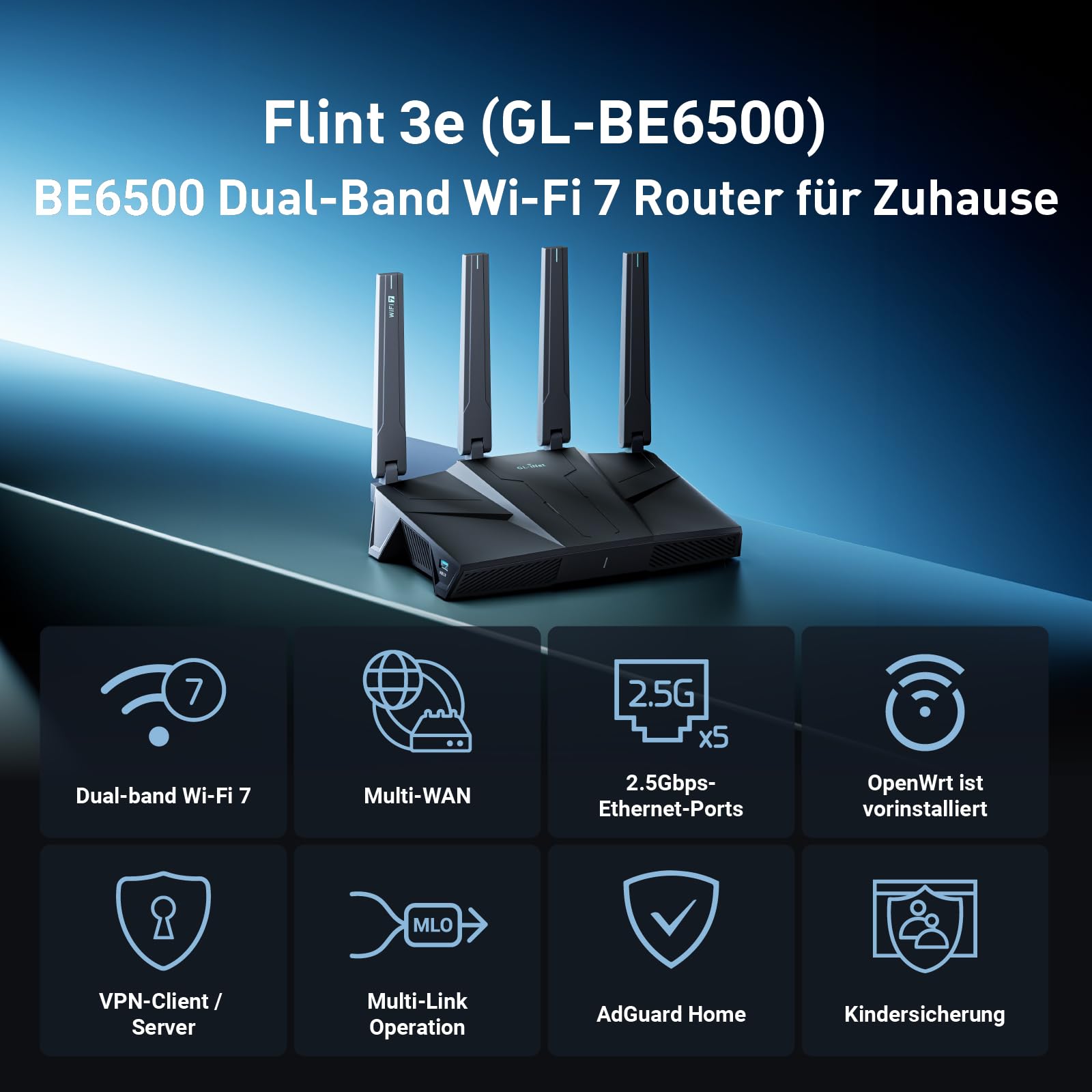 GL.iNet GL-BE6500 Flint 3e Wi-Fi 7 Router mit VPN für Heim und Gaming | Wi-Fi 7 BE6500 bis 6,5 Gbps mit MLO und 4K-QAM für 4K-Streaming, Gaming und Videoanrufe