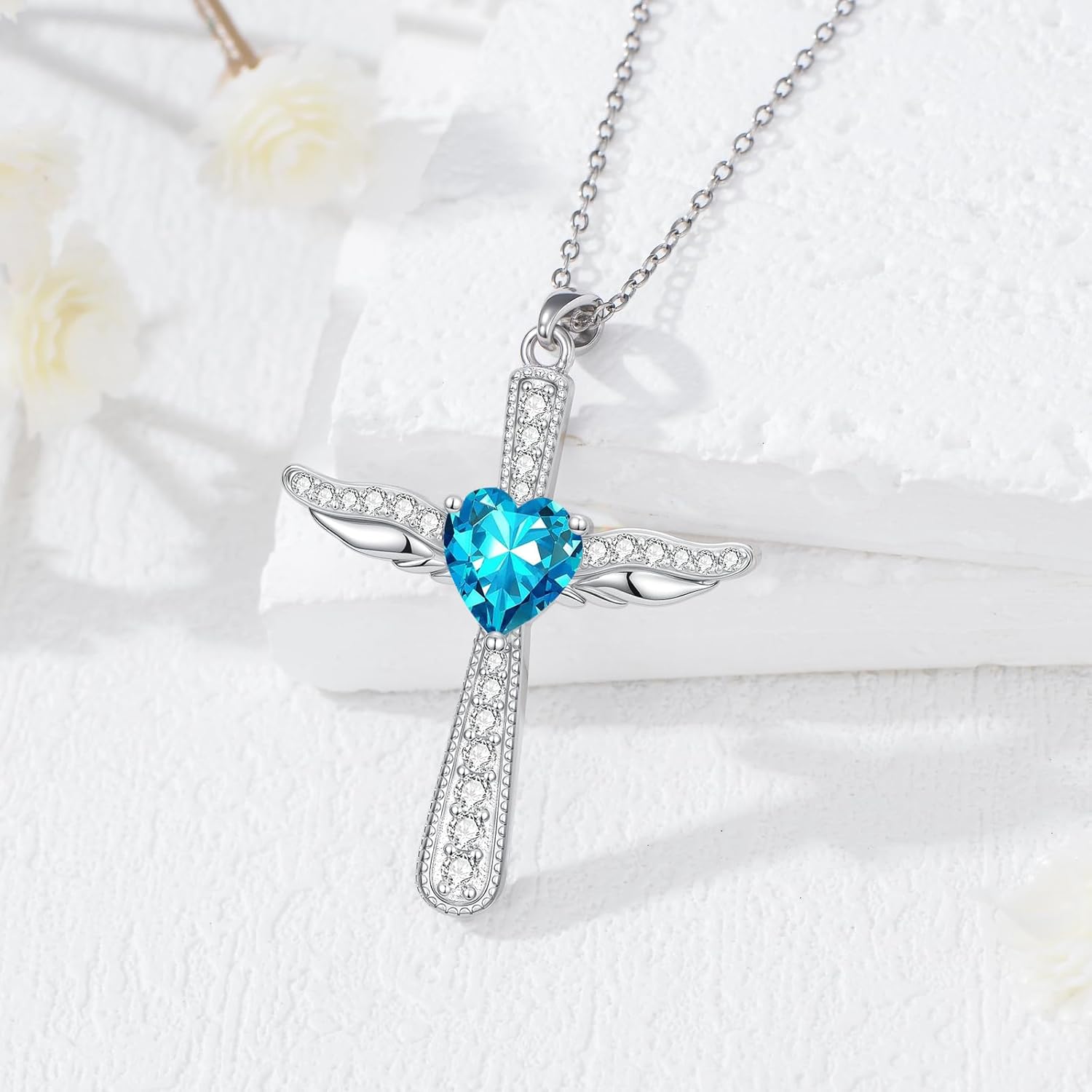 Cross Necklaces for Women 925 Sterling Silver Angel Wings Crucifix Pendant Birthstone Cross Jewelry for Women