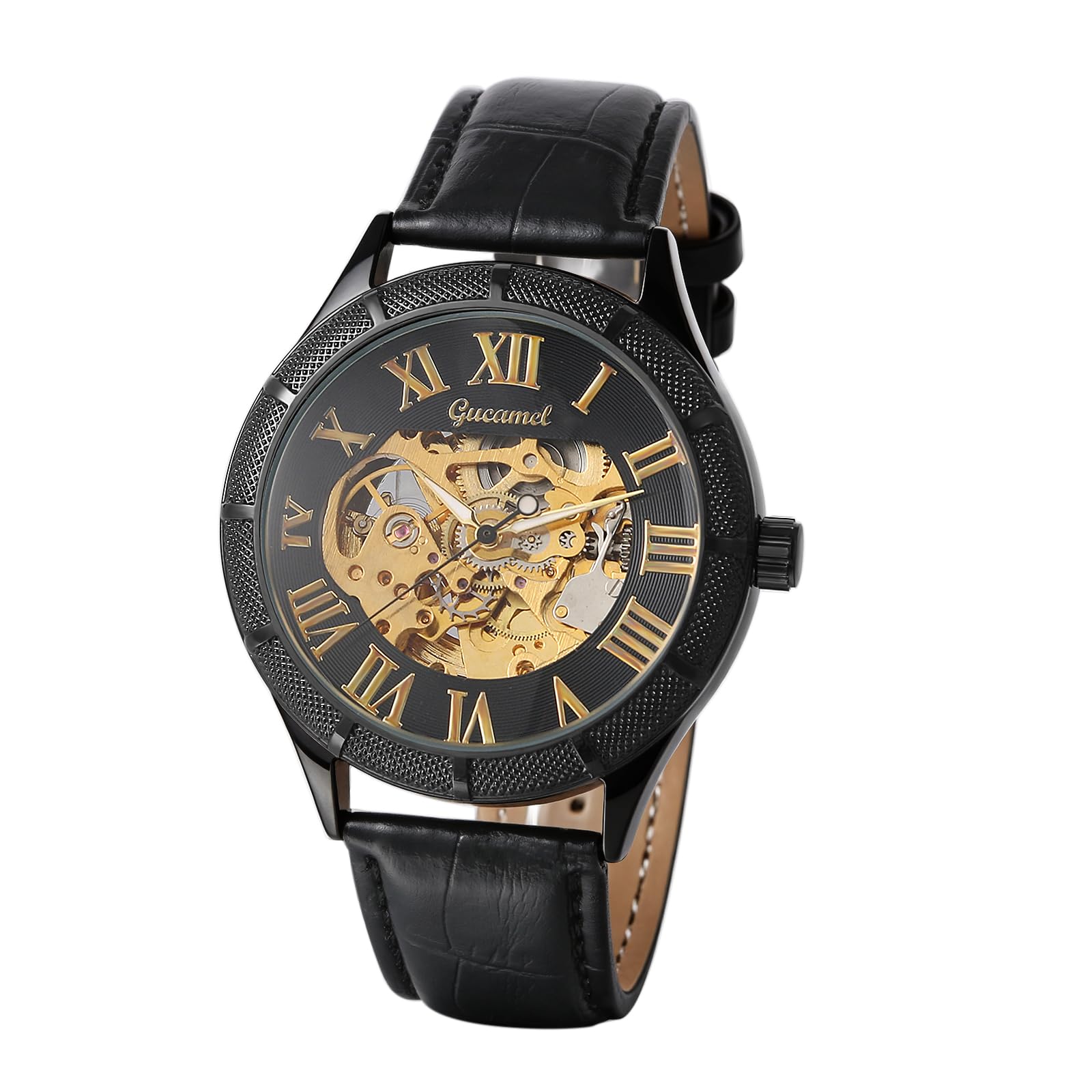 JewelryWe Reloj Mecánico Automático Hombre: Reloje de Pulsera Vestir Retro Correa de Cuero Escala de Números Romanos Punteros Luminosa - para Regalo
