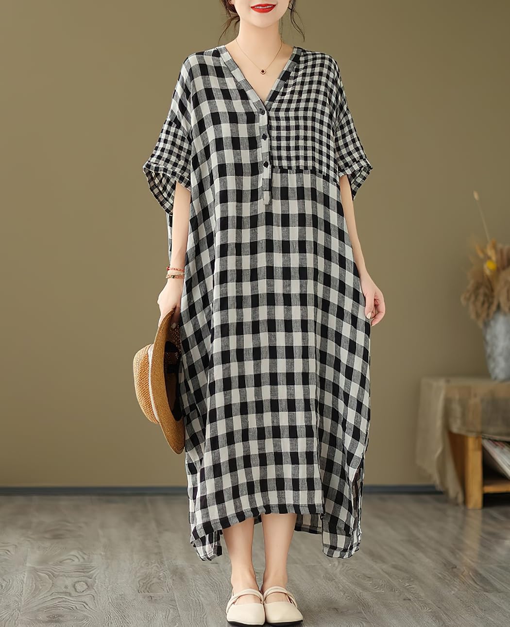 chouyatou Women's Summer Casual Loose Linen Dress Oversized Plaid Gingham Splicing Midi Cotton Dress - Image 3