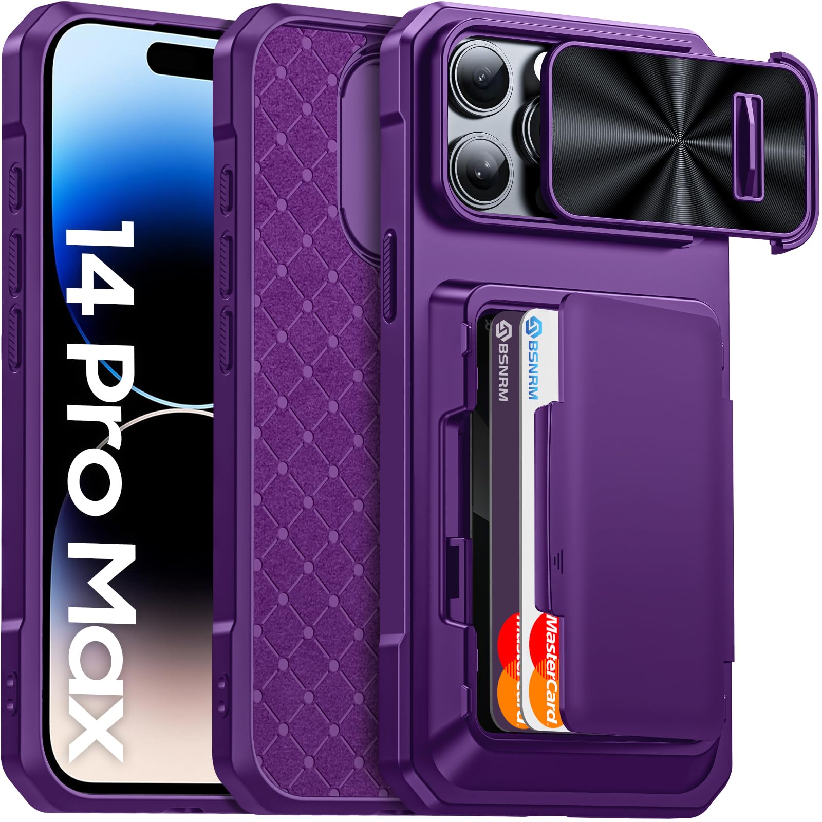 BSNRM for iPhone 14 Pro Case Wallet with Credit Card Holder (4-5 Cards), [RFID Blocking & Camera Cover] Hidden Slim Card Slot Shockproof Case for Women Men Compatible with iPhone 14 Pro Max, Purple