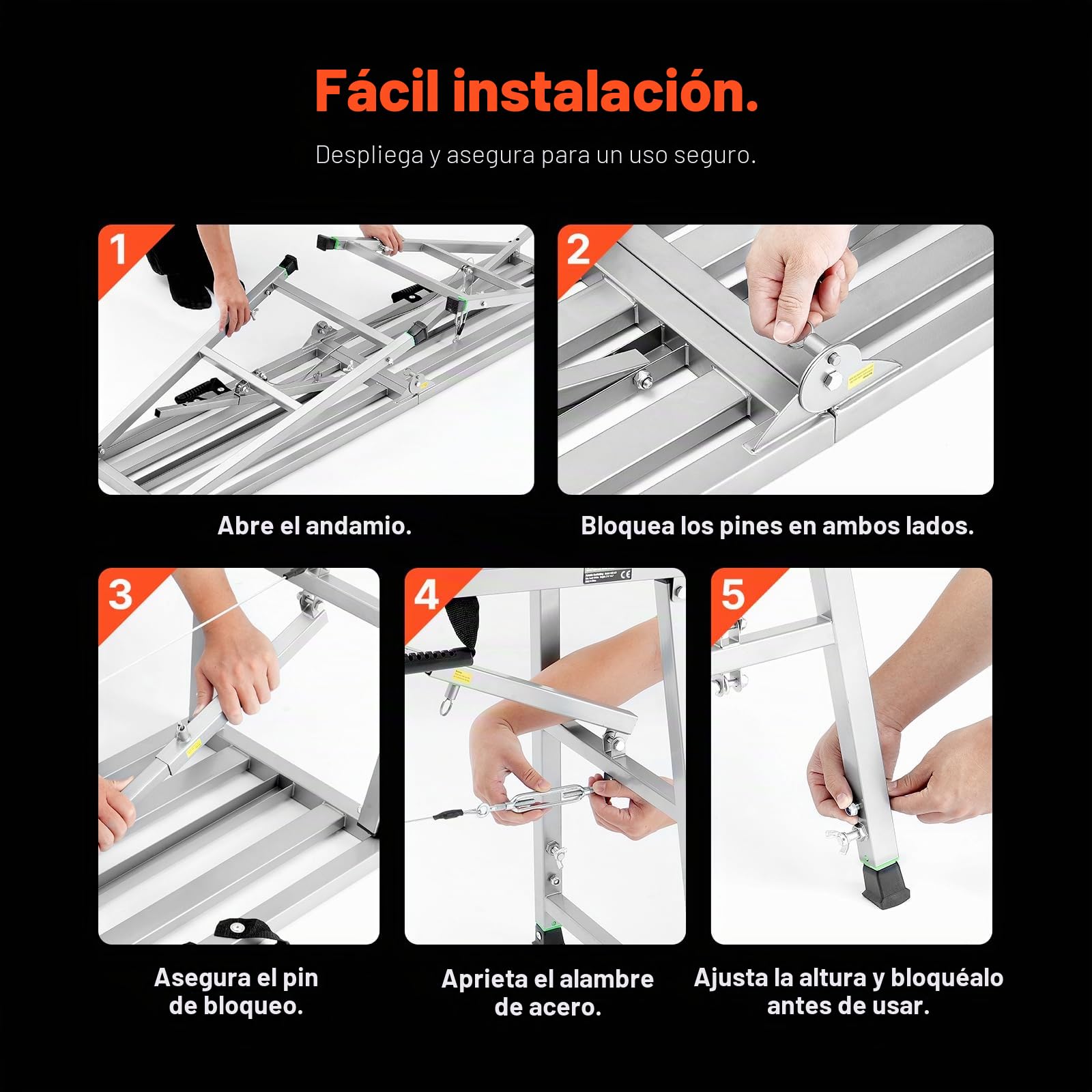 VEVOR Plataforma de Trabajo, Altura Ajustable de 4 Velocidades 80-130 cm, Escalera de Acero de Aleación Plegable, Carga de 400 kg, Pies de Goma Antideslizantes, para Pintar Paneles de Yeso, Limpieza