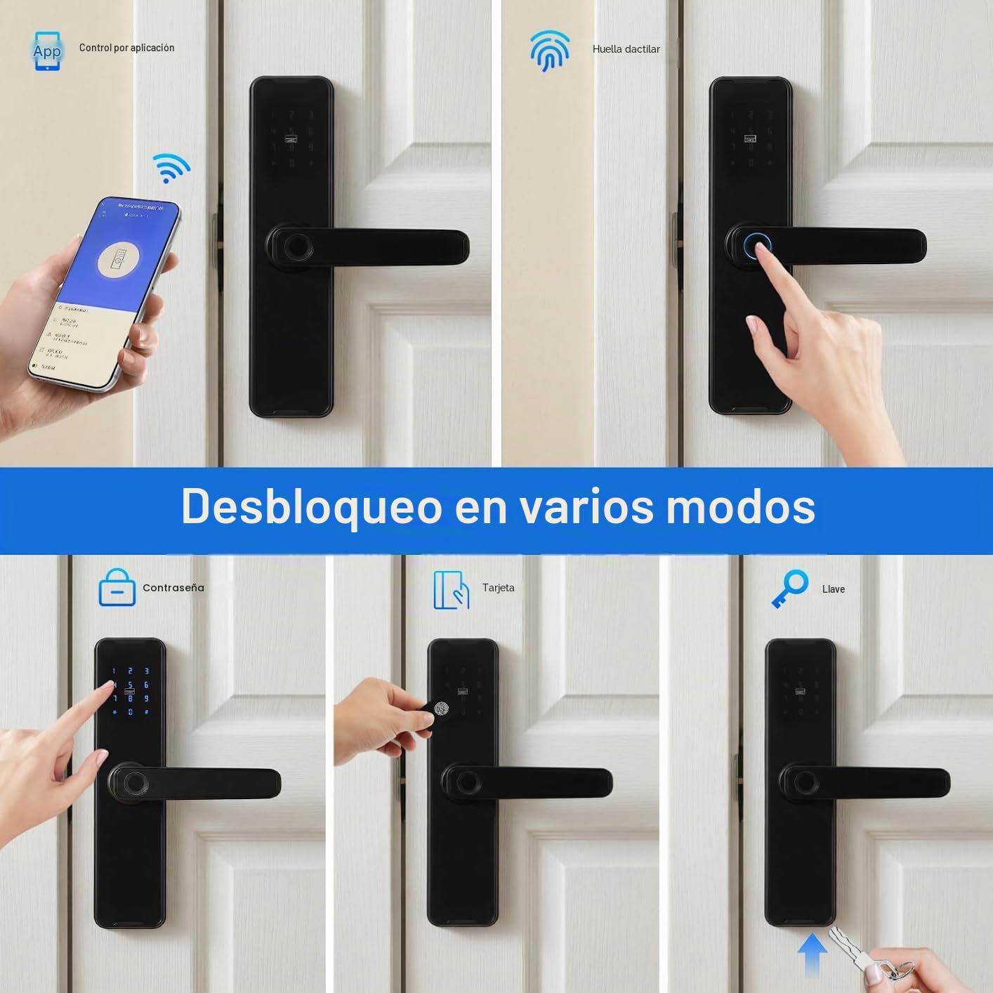 Cerradura de puerta inteligente, 5 en 1, cerradura electrónica inteligente con huella dactilar+código+tarjeta+llave+contraseña temporal, control TUYA APP, para puertas de 30-50 mm (negro)