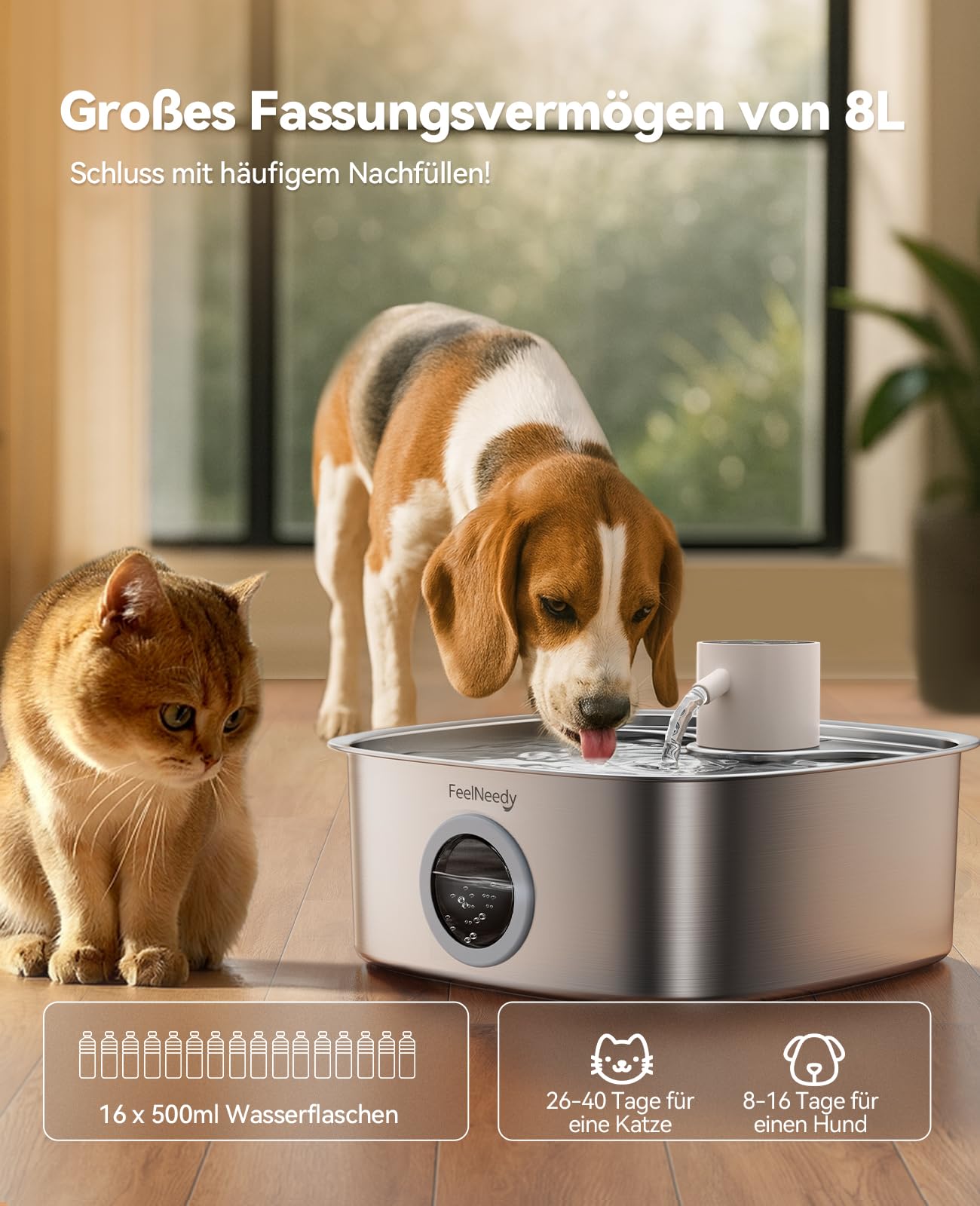 FEELNEEDY 8L Katzenbrunnen Kabellos, 5000mAh Trinkbrunnen für Hunde mit 3 Filters, Katzenbrunnen Edelstahl Spülmaschinenfest, Verbesserter Radarsensor