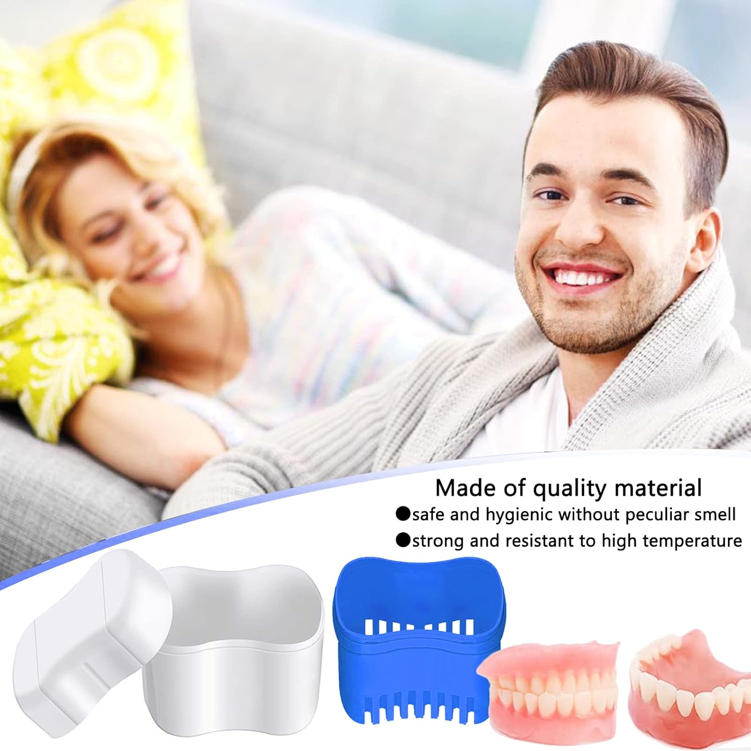 Hioph Denture Bath Box, Denture Brush Denture Cleaner Cup with Rinsing Basket Toothbrush Case