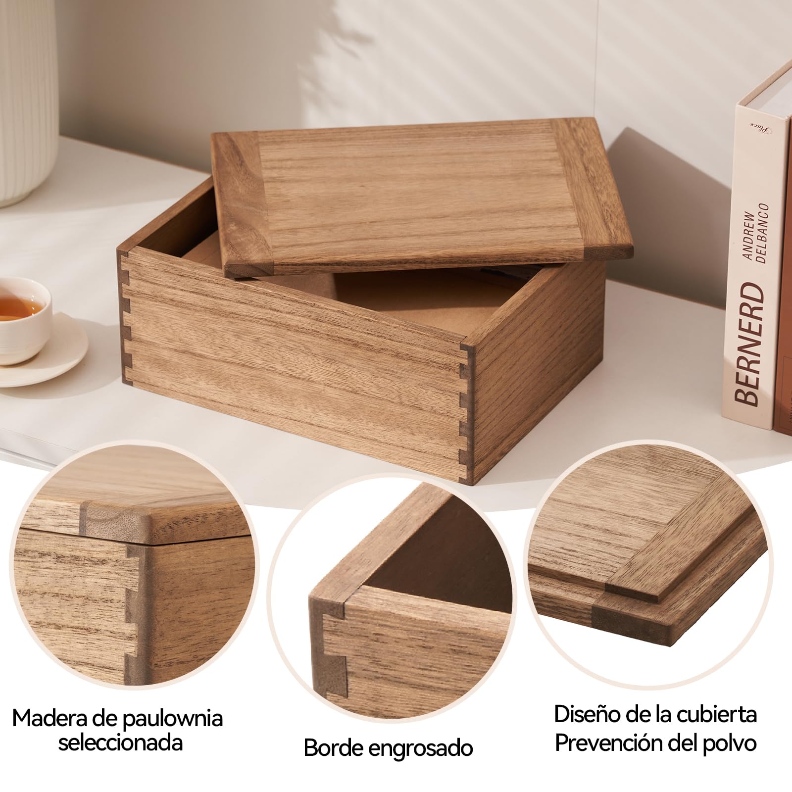 KIRIGEN Caja de Madera con Tapa, Caja de Almacenamiento, Marrón oscuro | Tapa plana extraíble; paulownia maciza; montada; uniones de espiga y mortaja; aceite vegetal; 28 × 20 × 12 cm