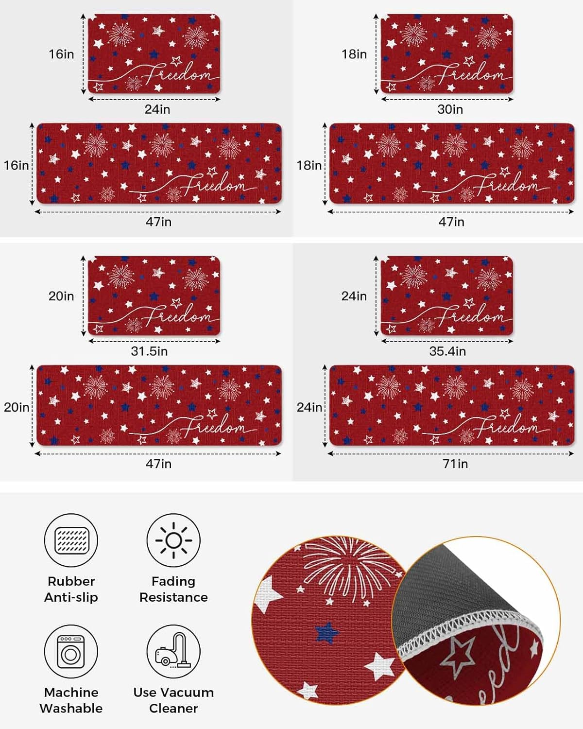 Patriotic 4th of July Kitchen Mat for Floor Red White Blue Stars Freedom Kitchen Runner Rug Set of 2,Non Slip, Memorial Day Summer Anti Fatigue Comfort Standing Mat Kitchen,Sink,Laundry Room,Hallway