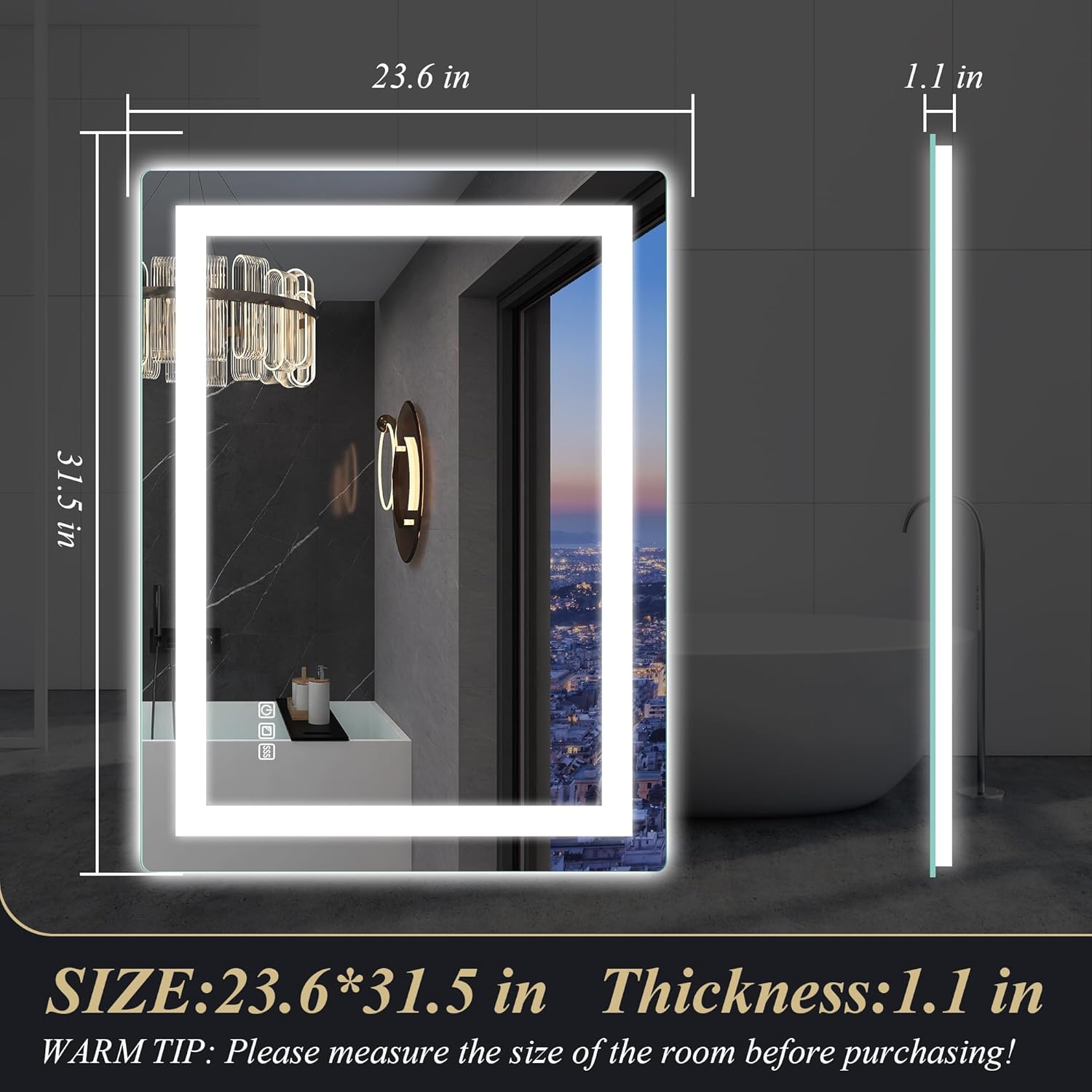 Diagram showing the dimensions of the S'bagno LED mirror
