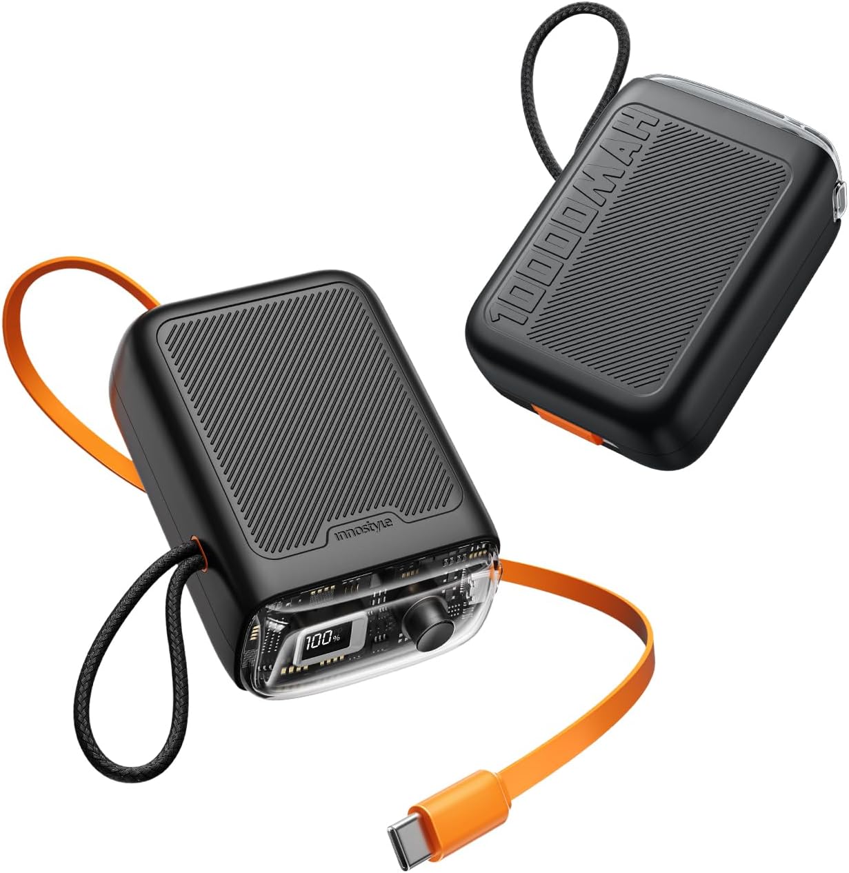 Innostyle Two-Way Charging Power Bank, Built-in Retractable Cables, Dual Device Charging, Travel Essential Phone Power Bank, Compatible with iPhone 17 Pro Max, Samsung, iPad (Black)