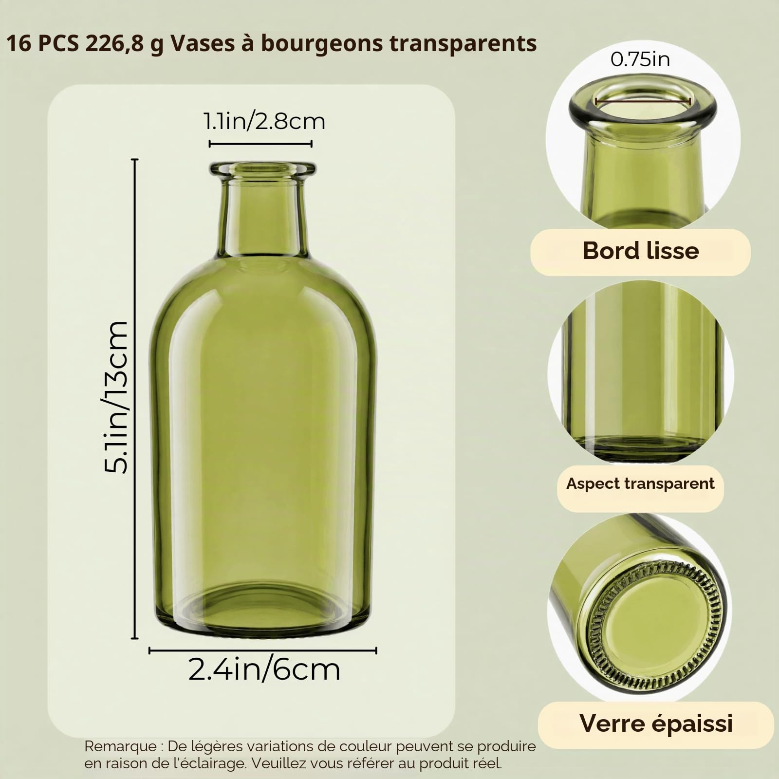 YOUEON Lot de 16 Petits vases décoratifs en Verre Vert de 250 ML pour Centre de Table de Mariage, réception, décoration d'intérieur, Bureau
