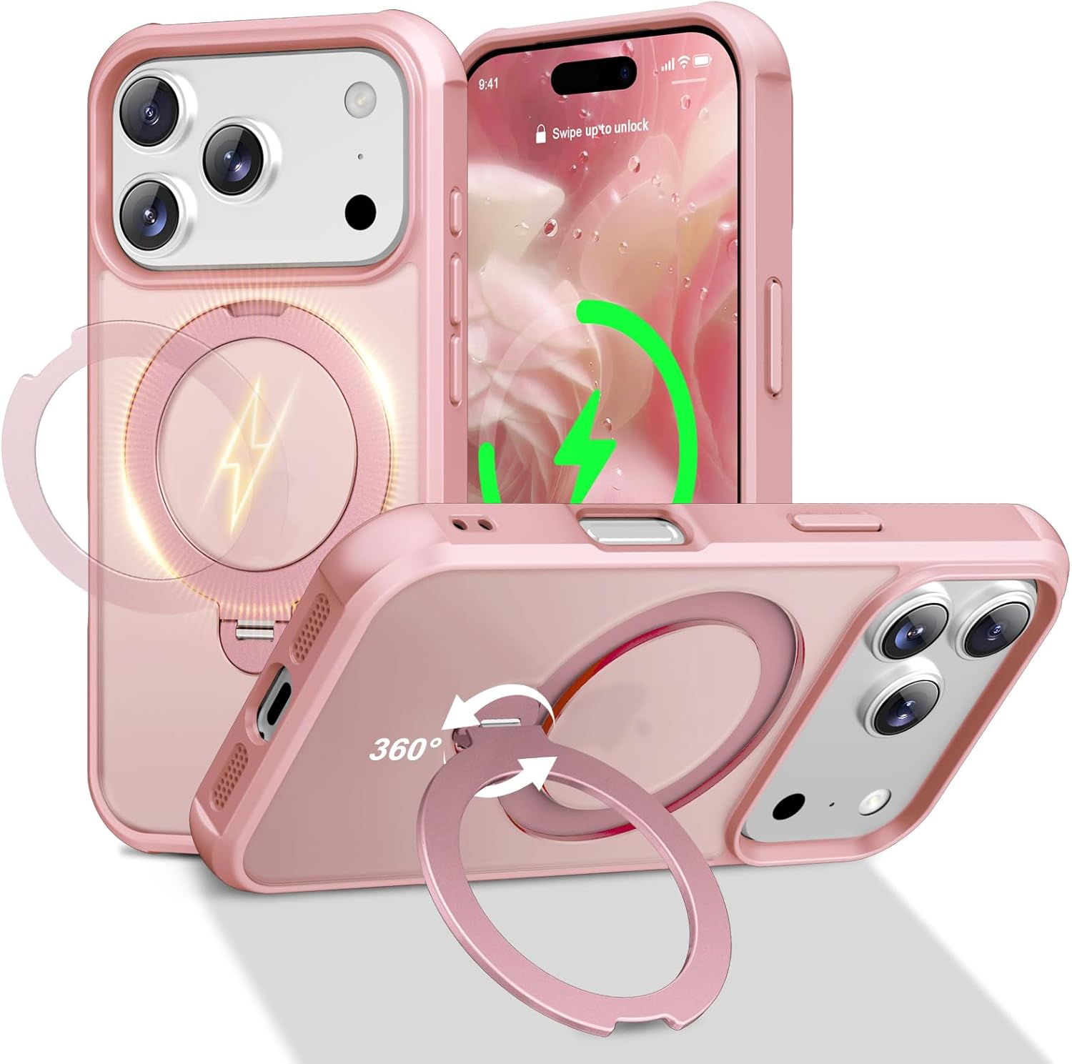 PIXIU 360°Spin Magnetic Stand for iPhone 17 Pro Case with Invisible Kickstand Rotatable,[Fit for Magsafe] Slim Cute Matte Translucent Military Grade Shockproof Phone Cover 6.3 inch-Pink