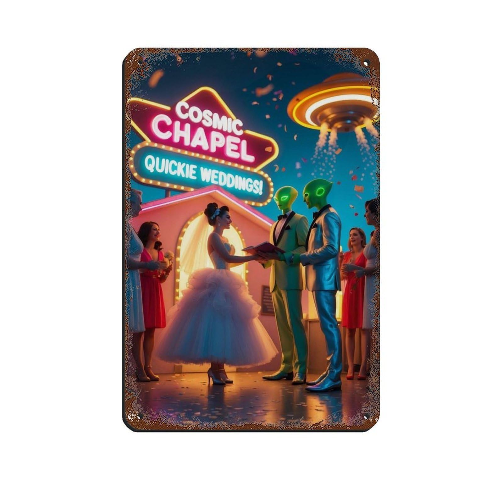 Retro Futuristic Alien Wedding Scene Tin Sign Vintage Metal Pub Club Cafe Bar Home Wall Art Decoration Poster Retro 8x12inch(20x30cm)