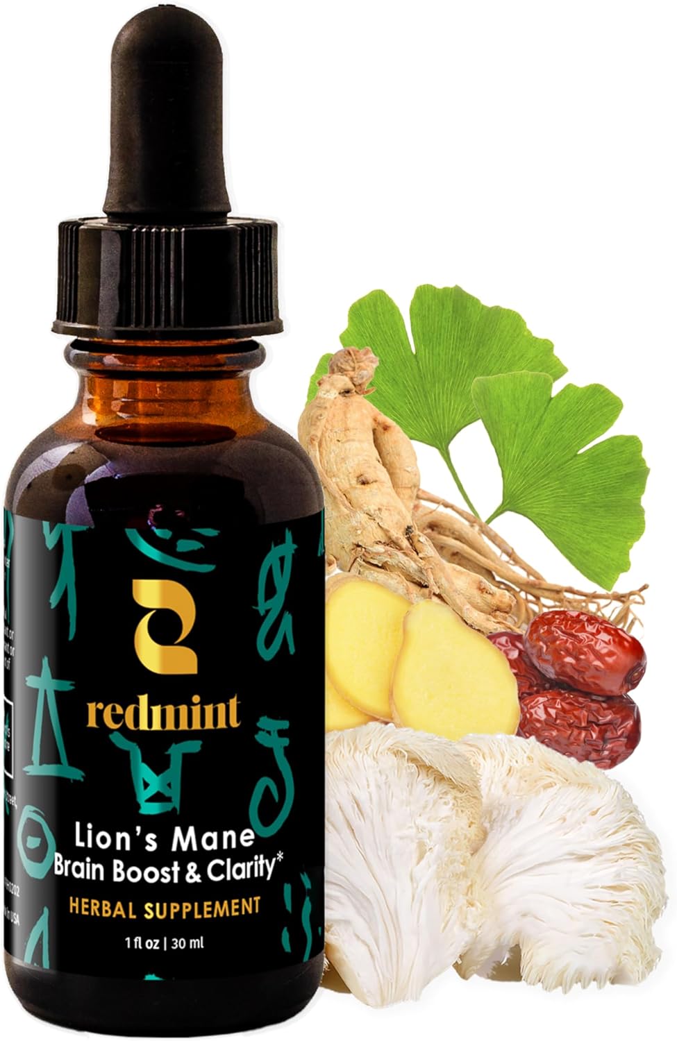 Redmint Lion's Mane Mushroom Extract with Ginkgo Leaf & Ginseng and More - Brain Boost & Clarity Herbal Tincture - Rooted in Ancient TCM Wisdom - Organic Immune Support Mushroom Supplement - 1 fl oz