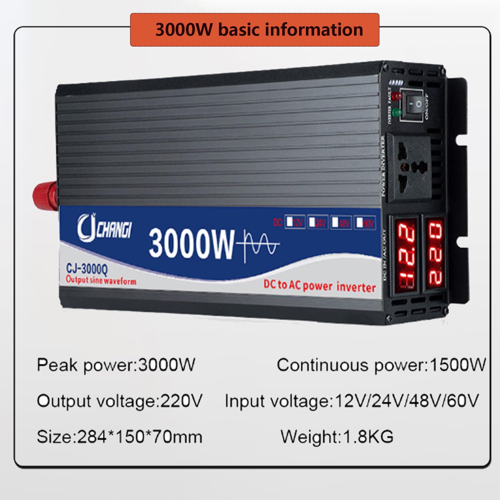 Przetwornica napięcia 3000W 4000W 5000W 12V 24V 48V 60V/72V do 110V 220V DC na AC Przetwornice napięcia Transformator słoneczny z wyświetlaczem LCD i podwójnymi gniazdami prądu,12V3000W