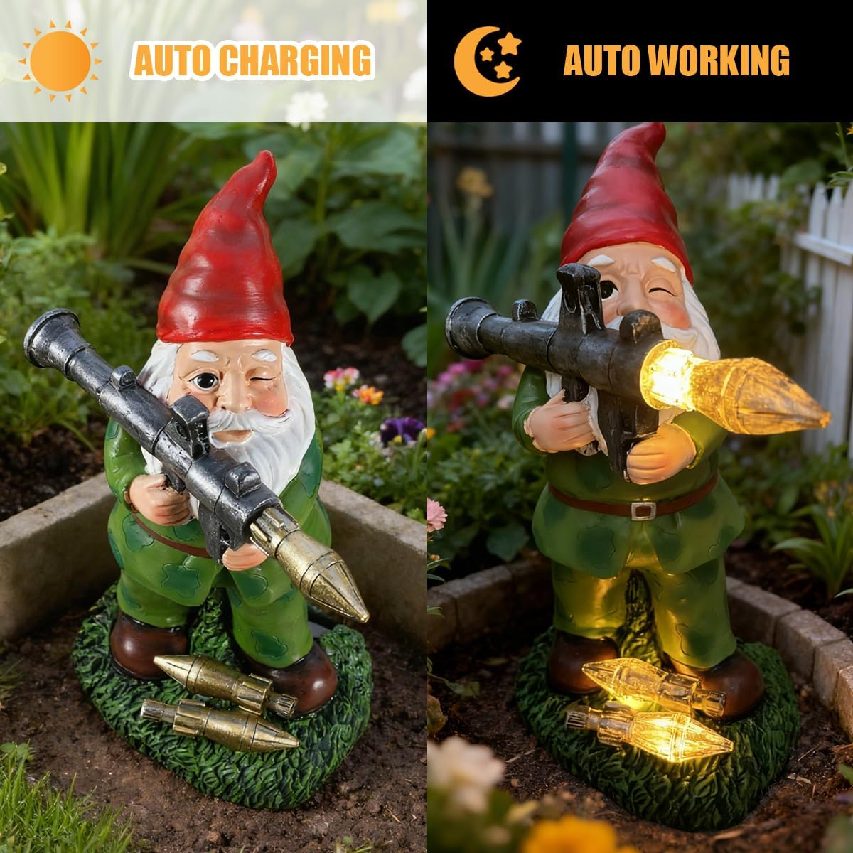 Large Garden Gnome Statue with Guns, Solar Military Army Soldier Guardian Hunter Gnome Garden Decoration Figurine Lights Porch Decor Valentine's Day Men Gift Scale War Combat Guards Patriotic Dwarves - Image 3