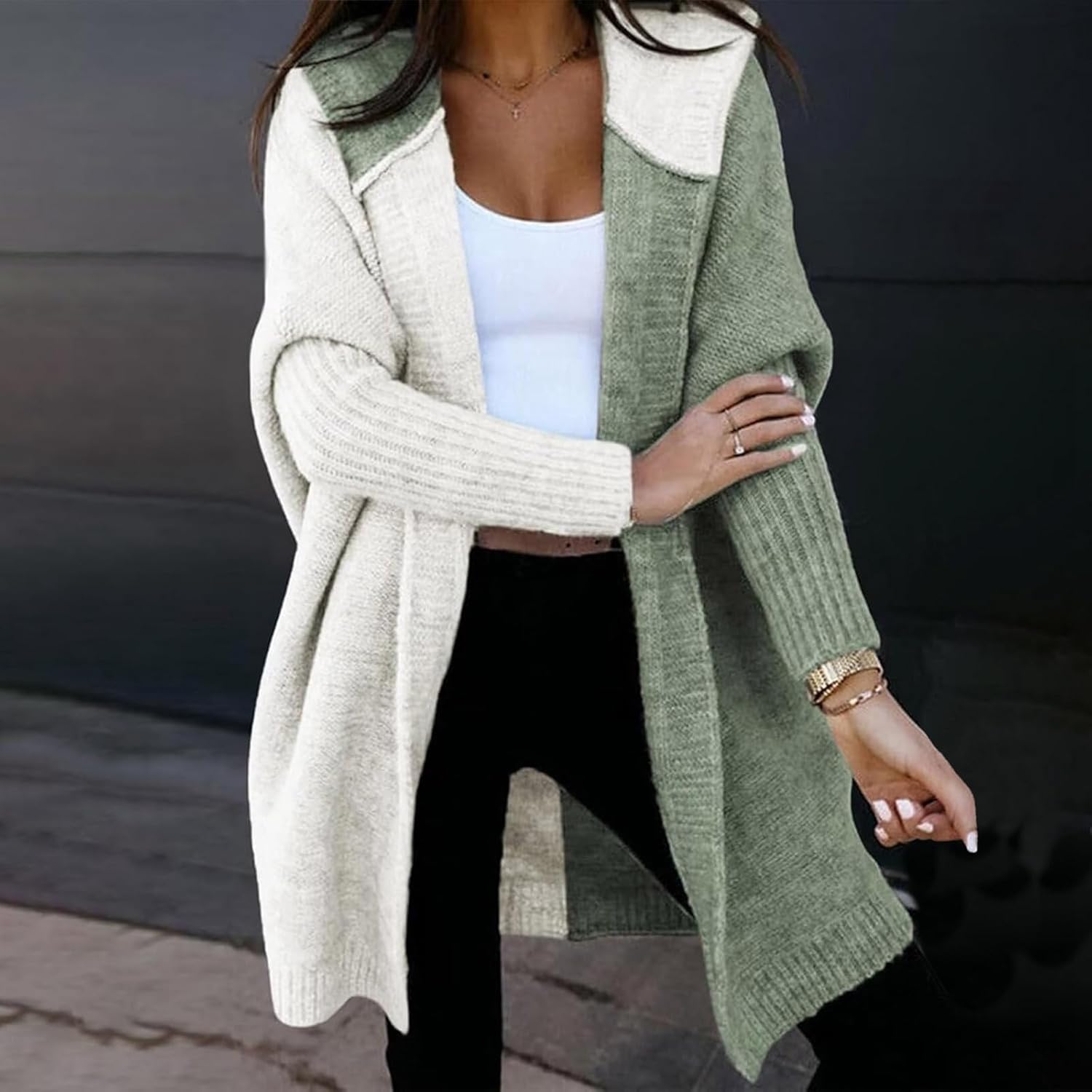 レディースカジュアルフード付きカラーマッチングセーターコート セーター レディース 秋冬 冬 大きいサイズカラー