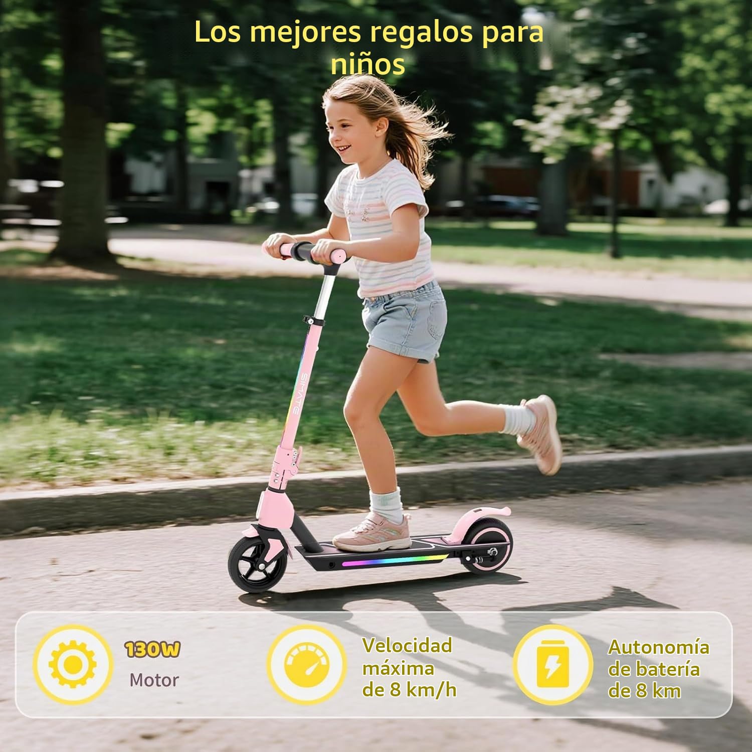 E-RIDES Patinete Eléctrico, Manillar Ajustable 86-99cm, Motor 130W 3 Velocidades 8-14 km/h, Autonomía hasta 8km, Pantalla LED & Luces, Ruedas 6,5" Antipinchazos, para Niños de 3 a 12 Años