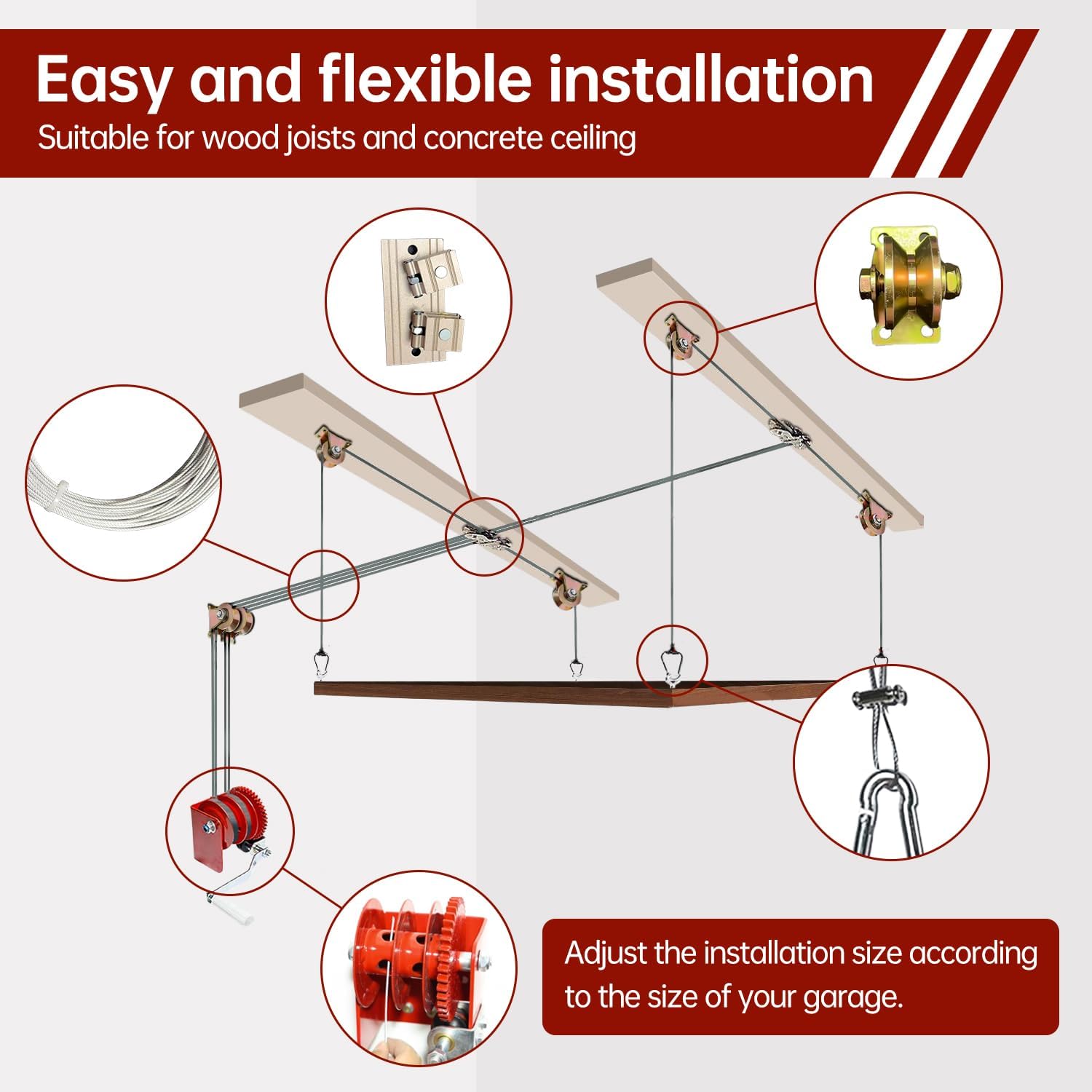 Heavy Duty Overhead Garage Storage Pulley Lift System, 300LBS Load Capacity, Ceiling Mounted Rack with Adjustable Height, for Bikes, Boxes and Bins, Home Garage Organization Not Include Racks
