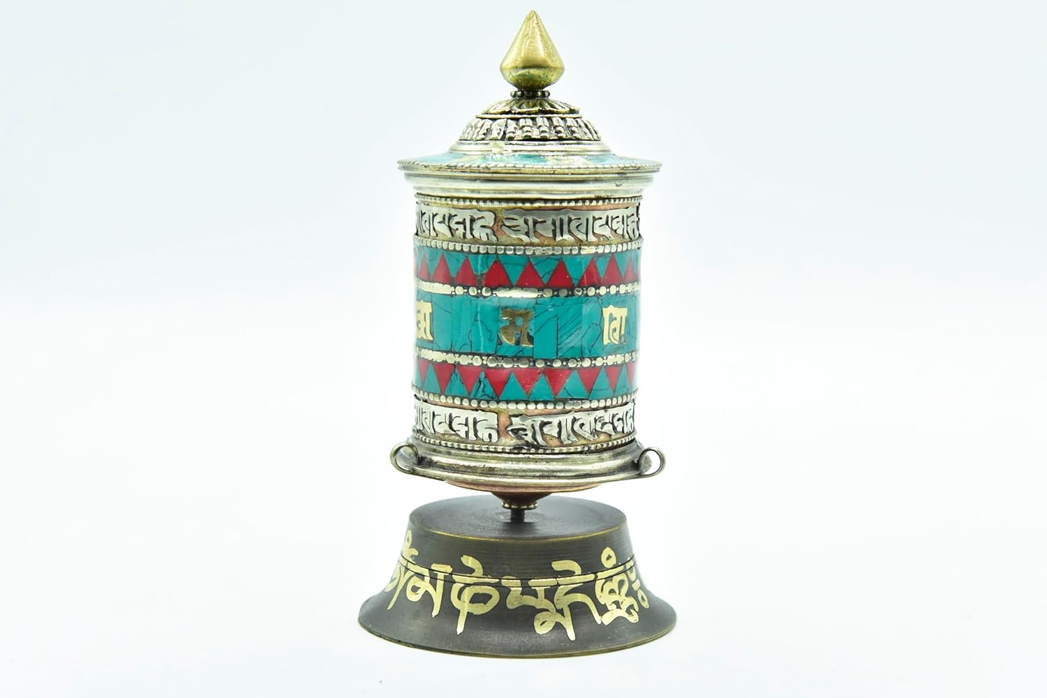 4" Tall Buddhist Prayer WheelTurquoise Coral Tibetan Top